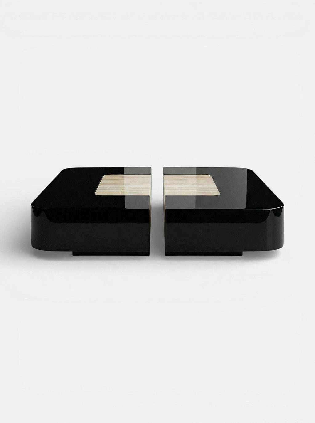 Square black and ivory onyx Baci table front view - Italian luxury marble furniture with contrast