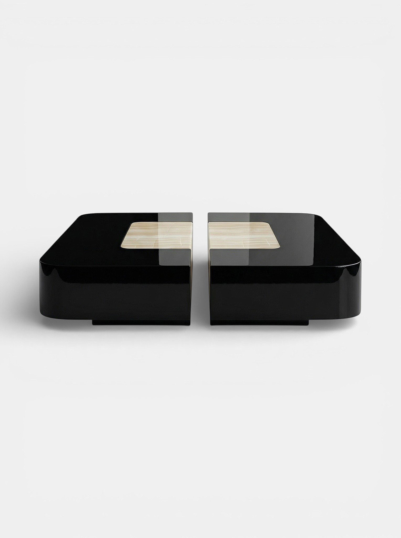 Square black and ivory onyx Baci table front view - Italian luxury marble furniture with contrast