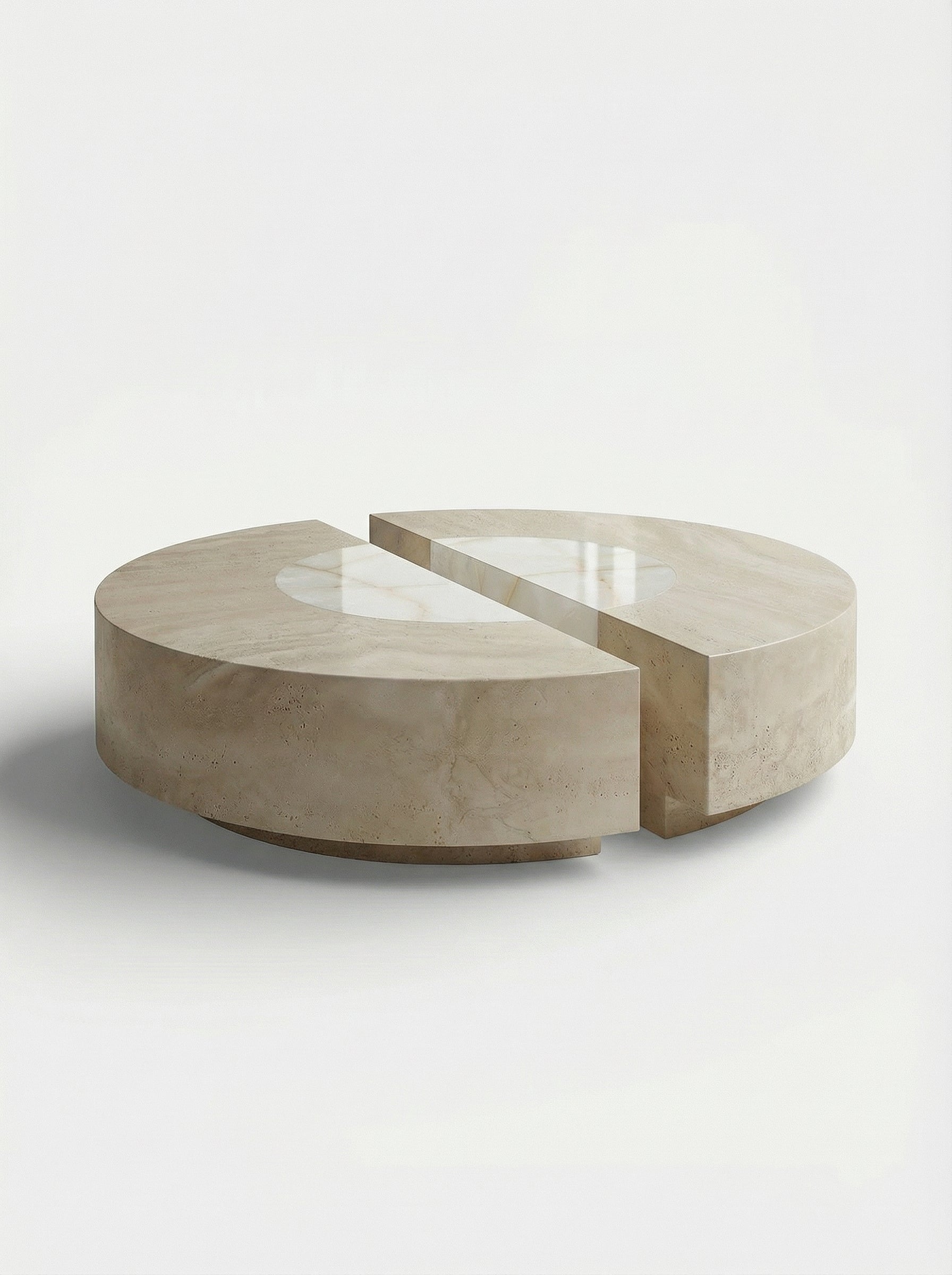 Baci round marble table left three-quarter view - travertine and shell onyx premium construction