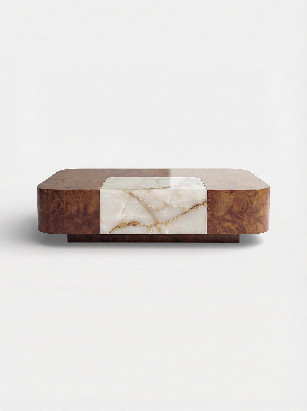 Baci Solo table in burl wood and shell onyx - compact Italian luxury furniture with mixed materials