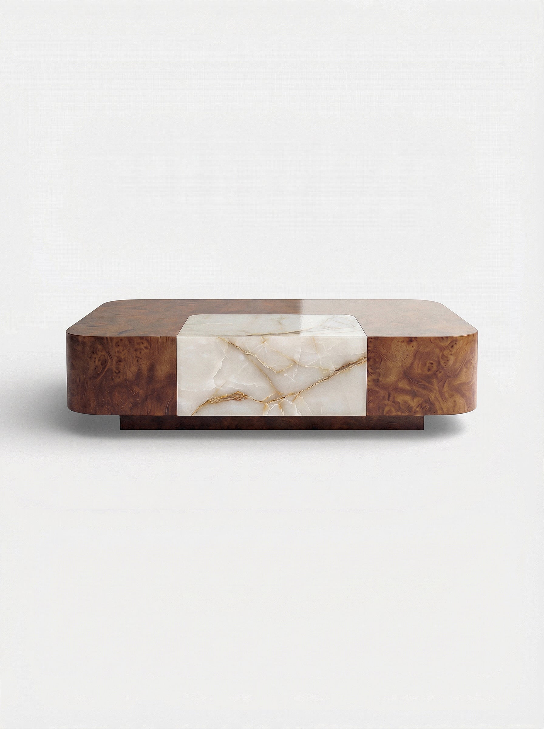 Baci Solo table in burl wood and shell onyx - compact Italian luxury furniture with mixed materials