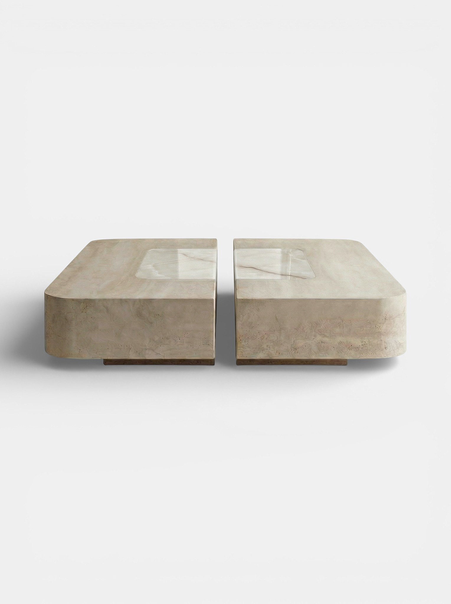 Square travertine and shell onyx Baci coffee table - elegant Italian marble furniture front view