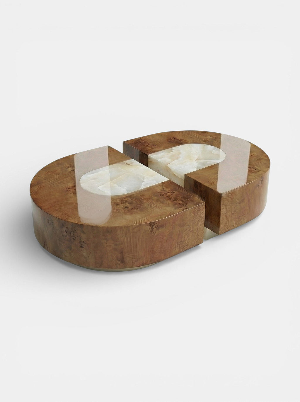 Contemporary Baci Capsule Burl Wood and White Onyx table - handcrafted Italian mixed-material furniture