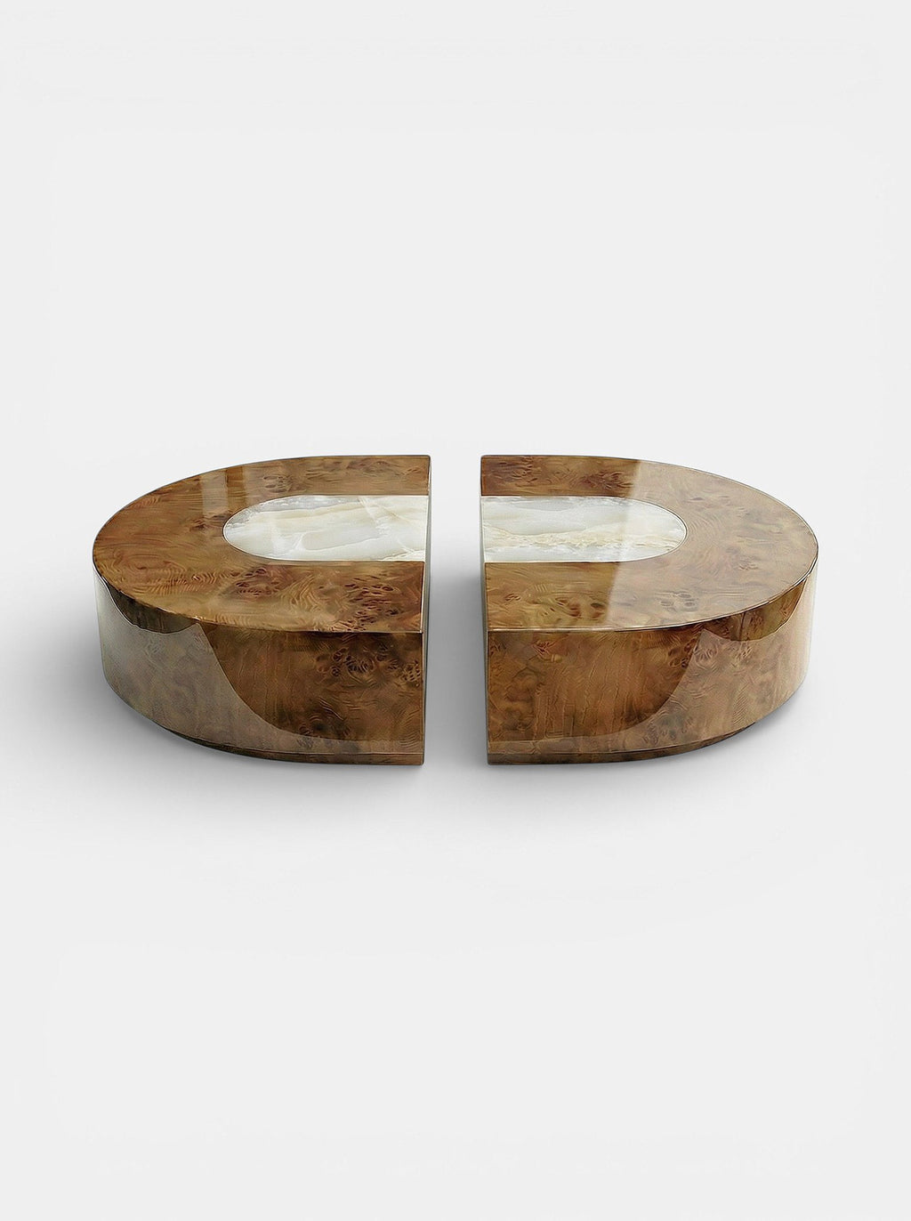 Luxury Baci Capsule table detail in Burl Wood and White Onyx - Italian artisan crafted furniture piece