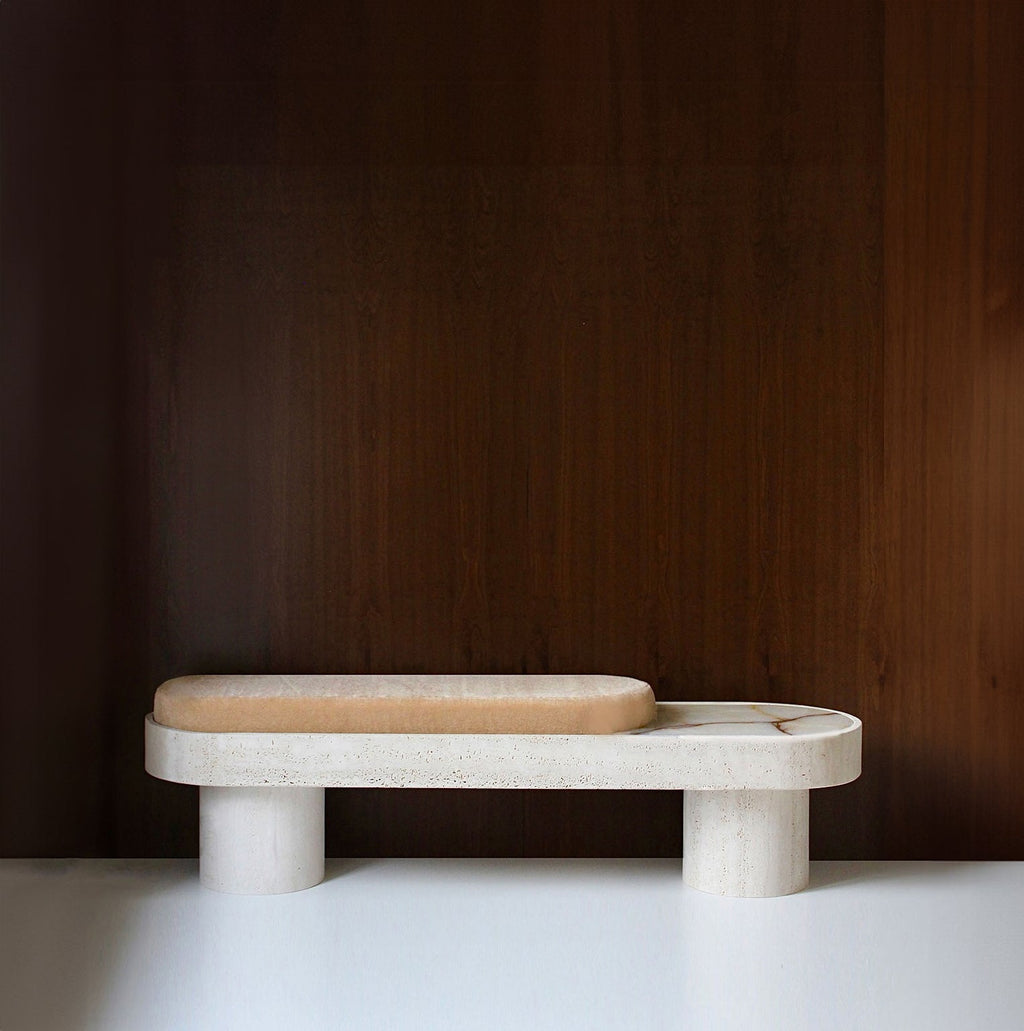 Elegant Noto mohair bench with marble base, Italian luxury furniture design for modern interiors