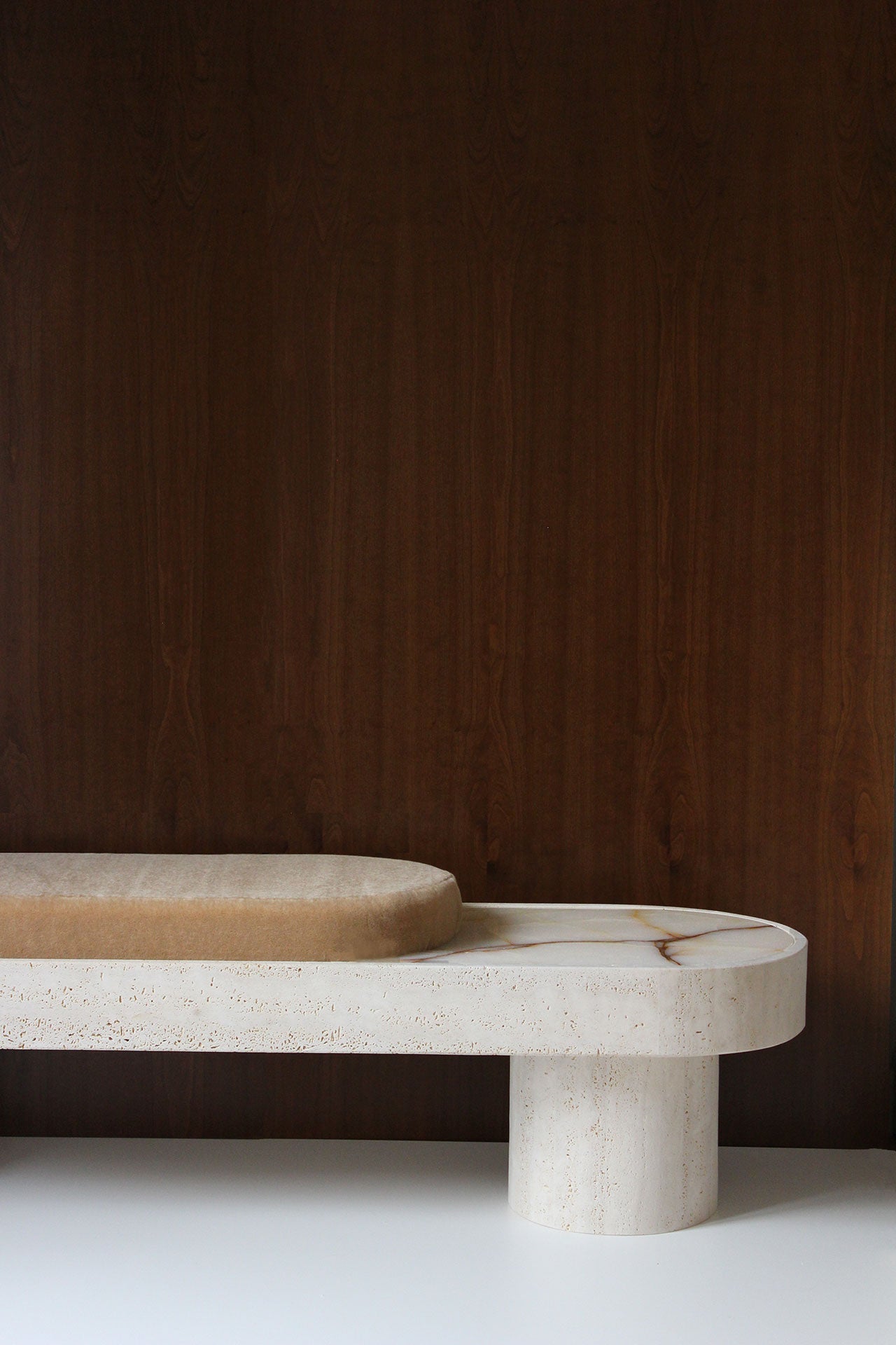 Detail view of Noto mohair bench upholstery and marble base, Italian luxury furniture craftsmanship