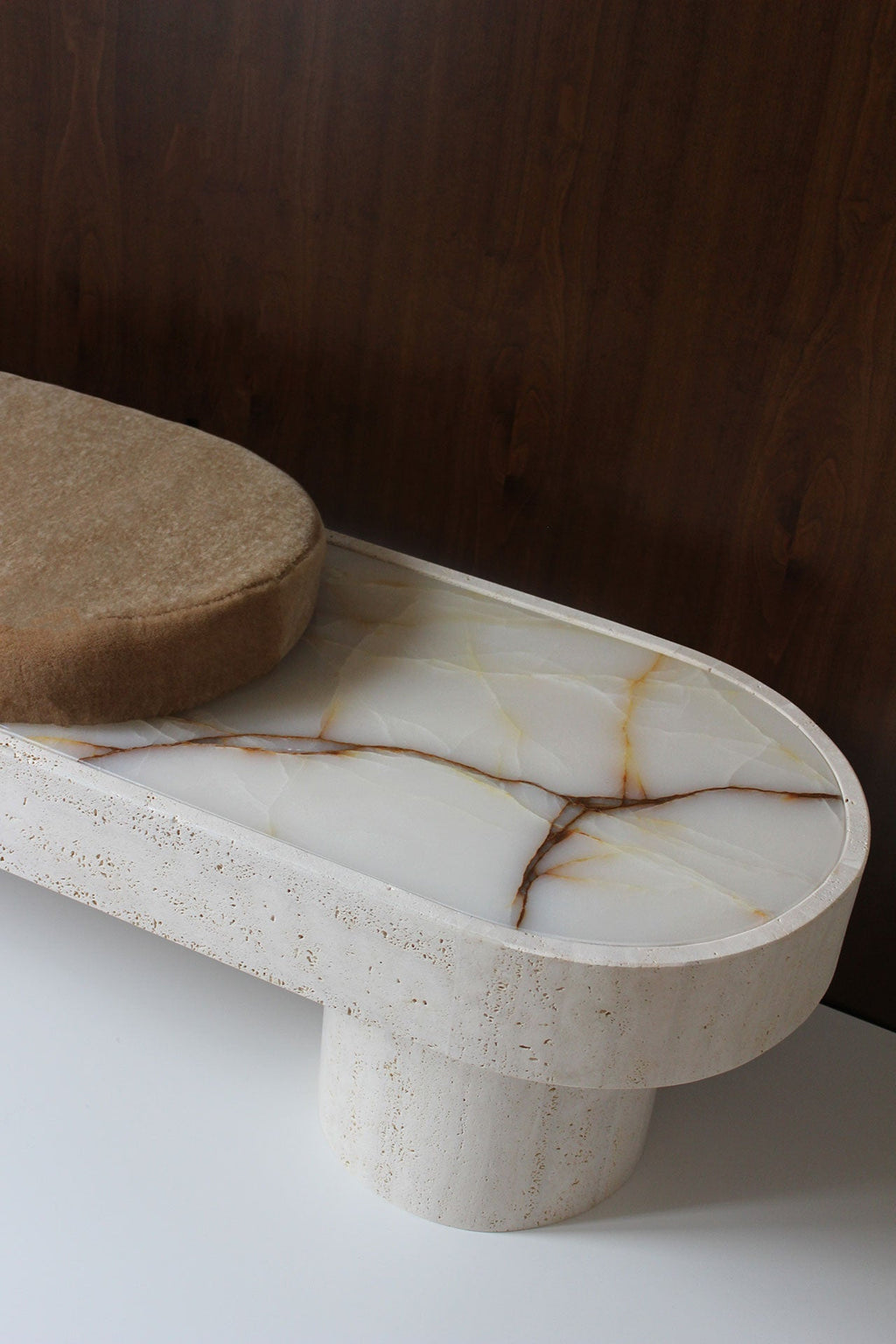 Noto mohair upholstered bench with marble base, Italian crafted luxury furniture design