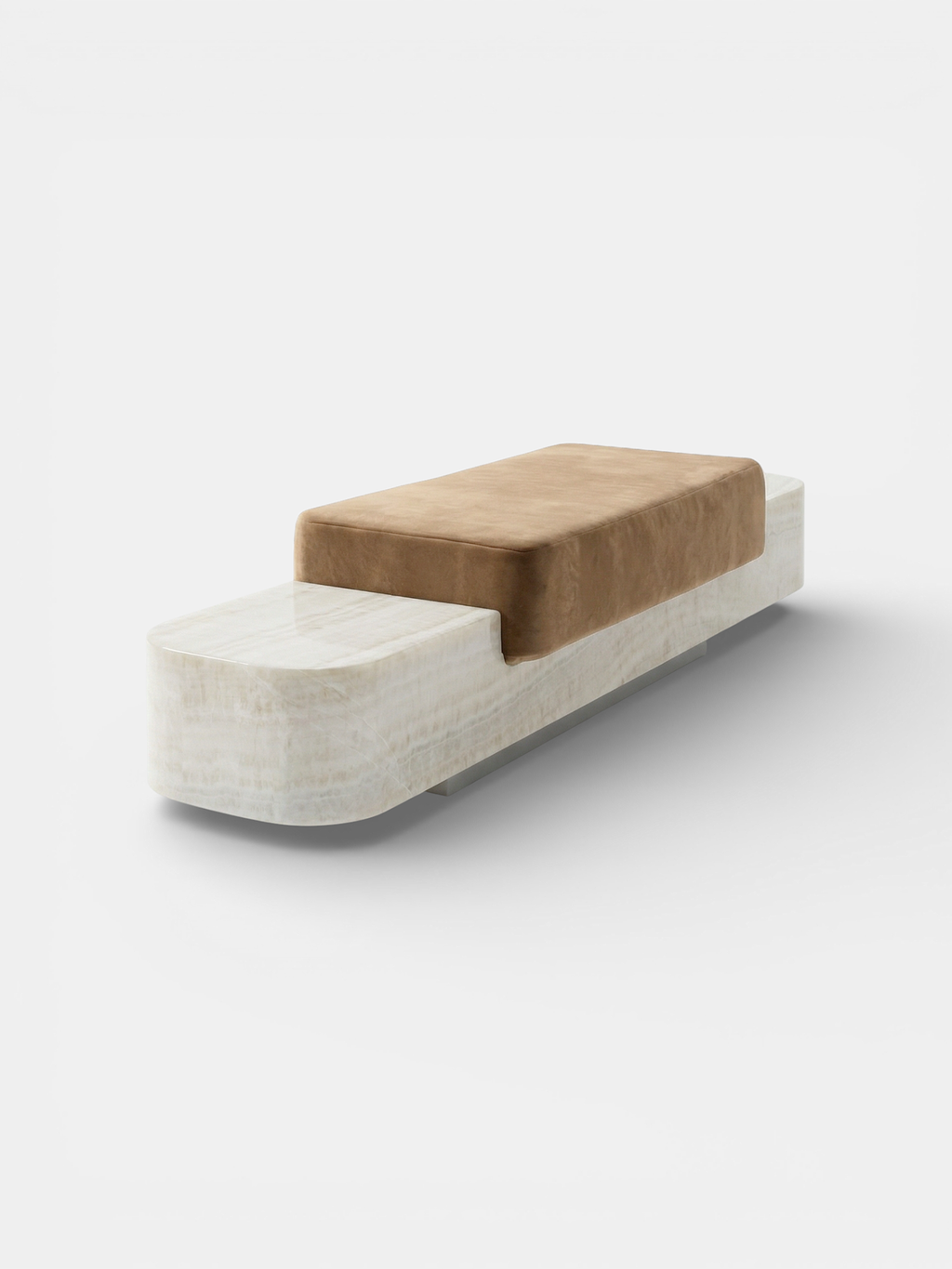 Three-quarter left view of Ran marble bench showcasing elegant stonework and contemporary styling