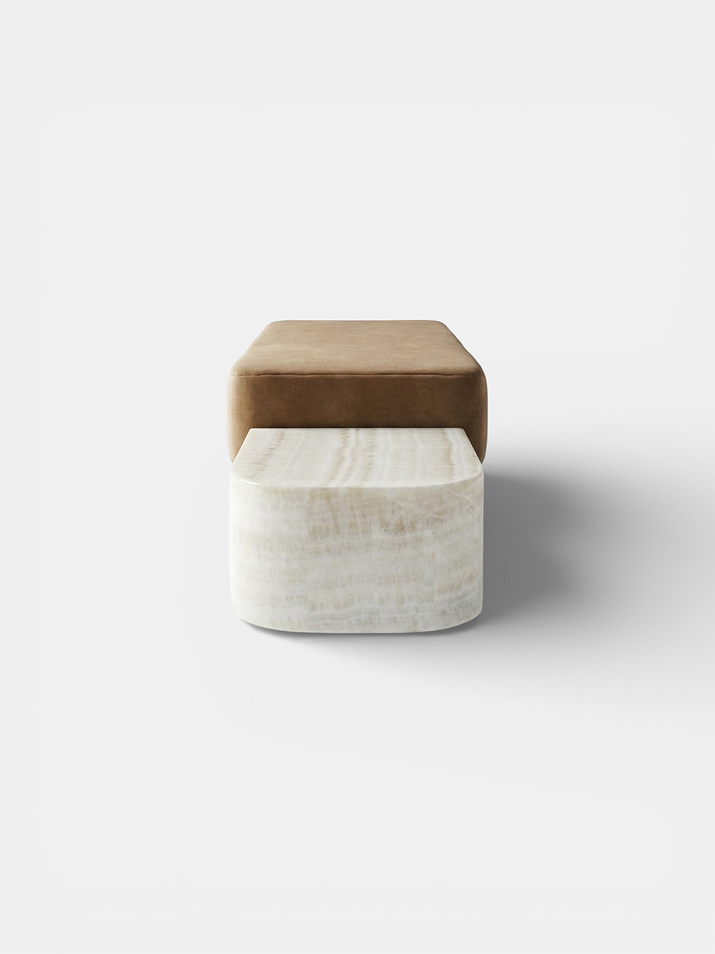 Front view of Ran marble bench displaying smooth stone surface and elegant Italian furniture design