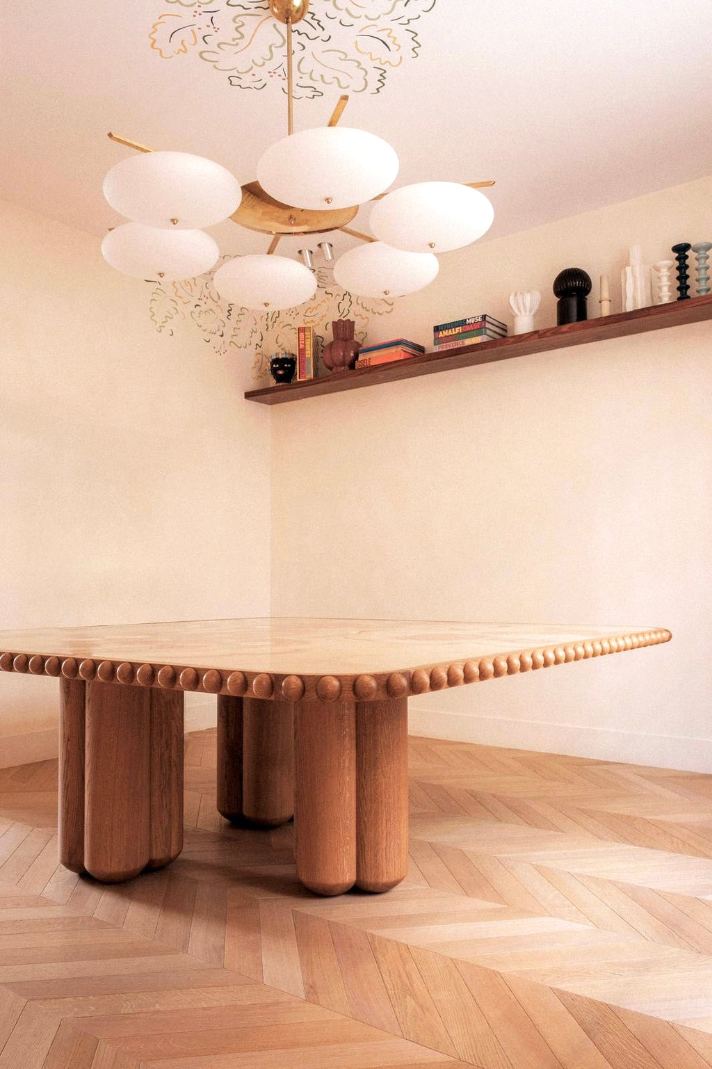 Italian Biscuit table perspective view - onyx marble and oak wood luxury dining furniture