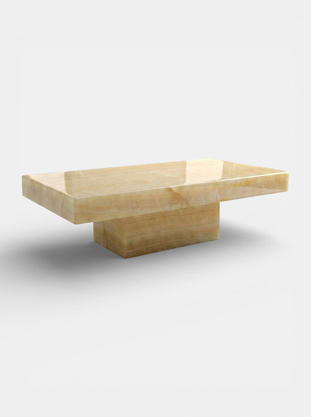 Honey onyx Cara coffee table side view - premium Italian amber stone furniture with natural glow