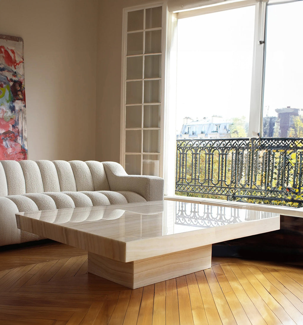 Vanilla onyx Cara coffee table lifestyle view - premium Italian ivory stone furniture piece