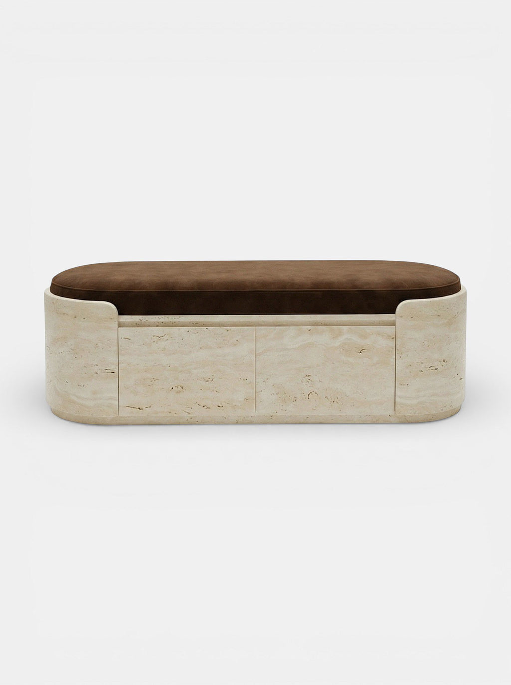 Luxury Italian travertine storage bench with clean modern lines - front view of Chloé bench by MARBERA
