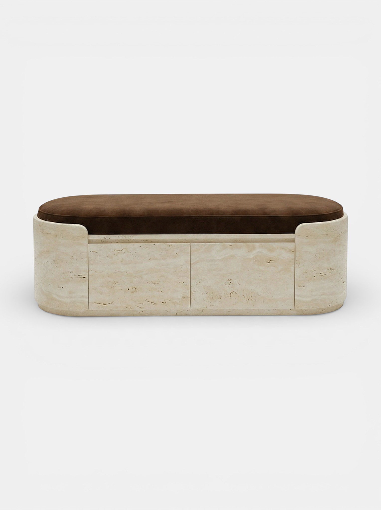 Luxury Italian travertine storage bench with clean modern lines - front view of Chloé bench by MARBERA