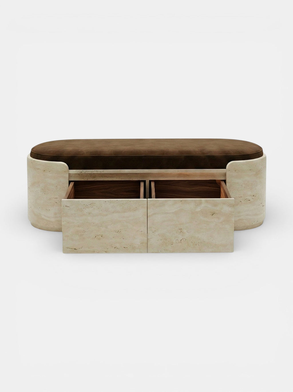Elegant travertine storage bench showcasing natural stone texture - side angle view of MARBERA Chloé design