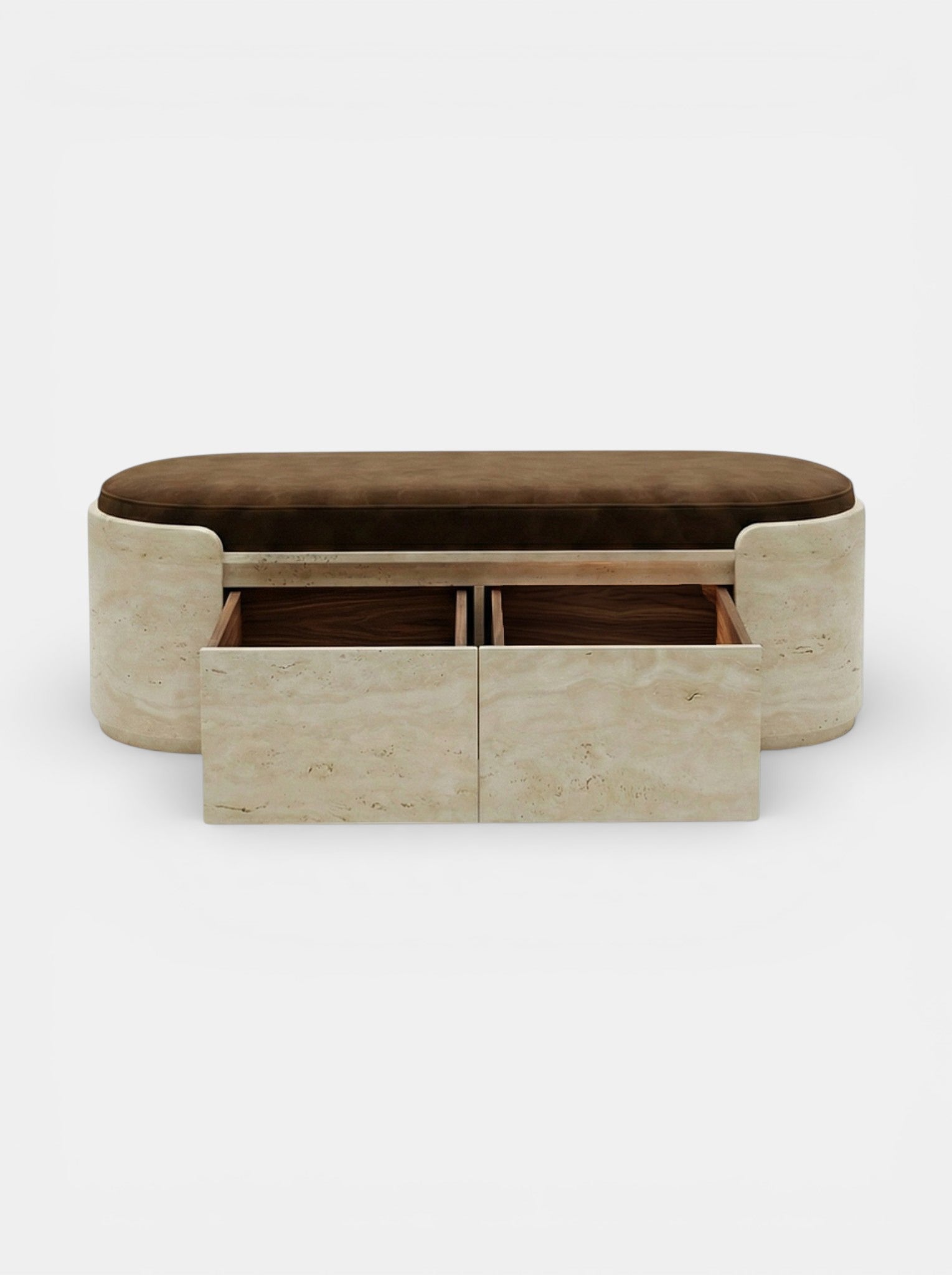 Elegant travertine storage bench showcasing natural stone texture - side angle view of MARBERA Chloé design