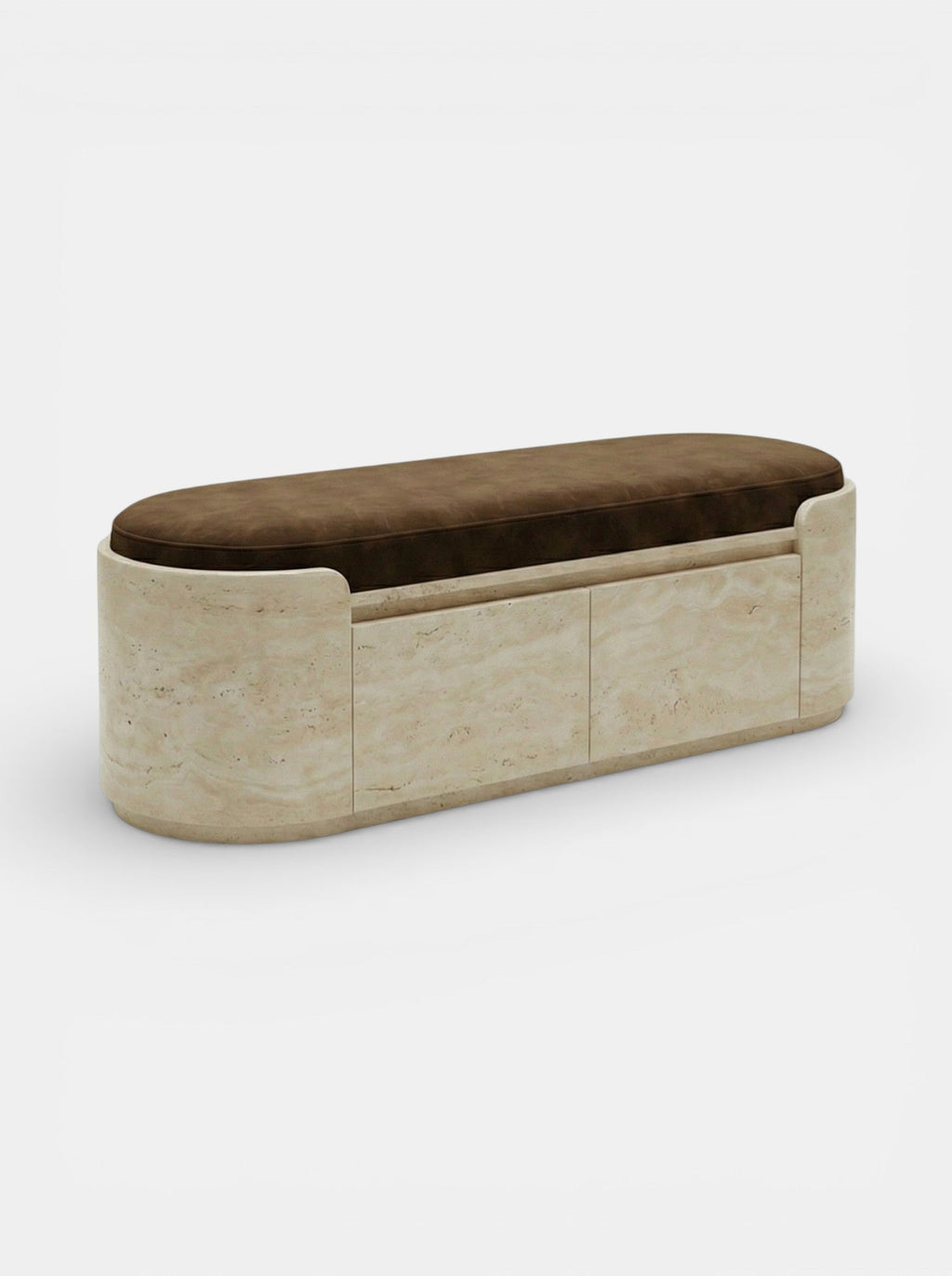 Premium travertine bench with hidden storage compartment - detailed craftsmanship view of Italian furniture