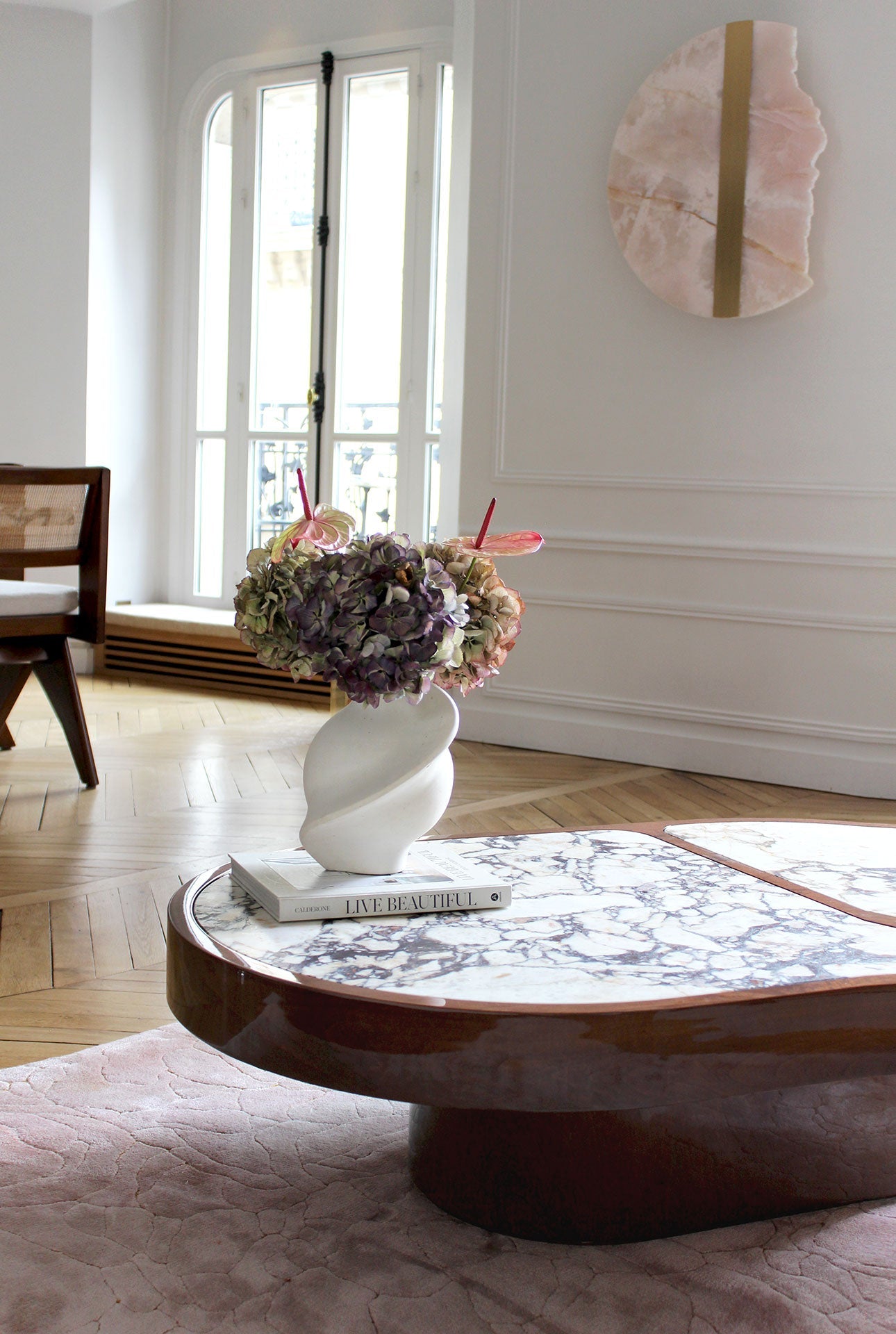 Front view of Cohesion table with rich wood base and Calacatta Viola marble top - MARBERA craftsmanship