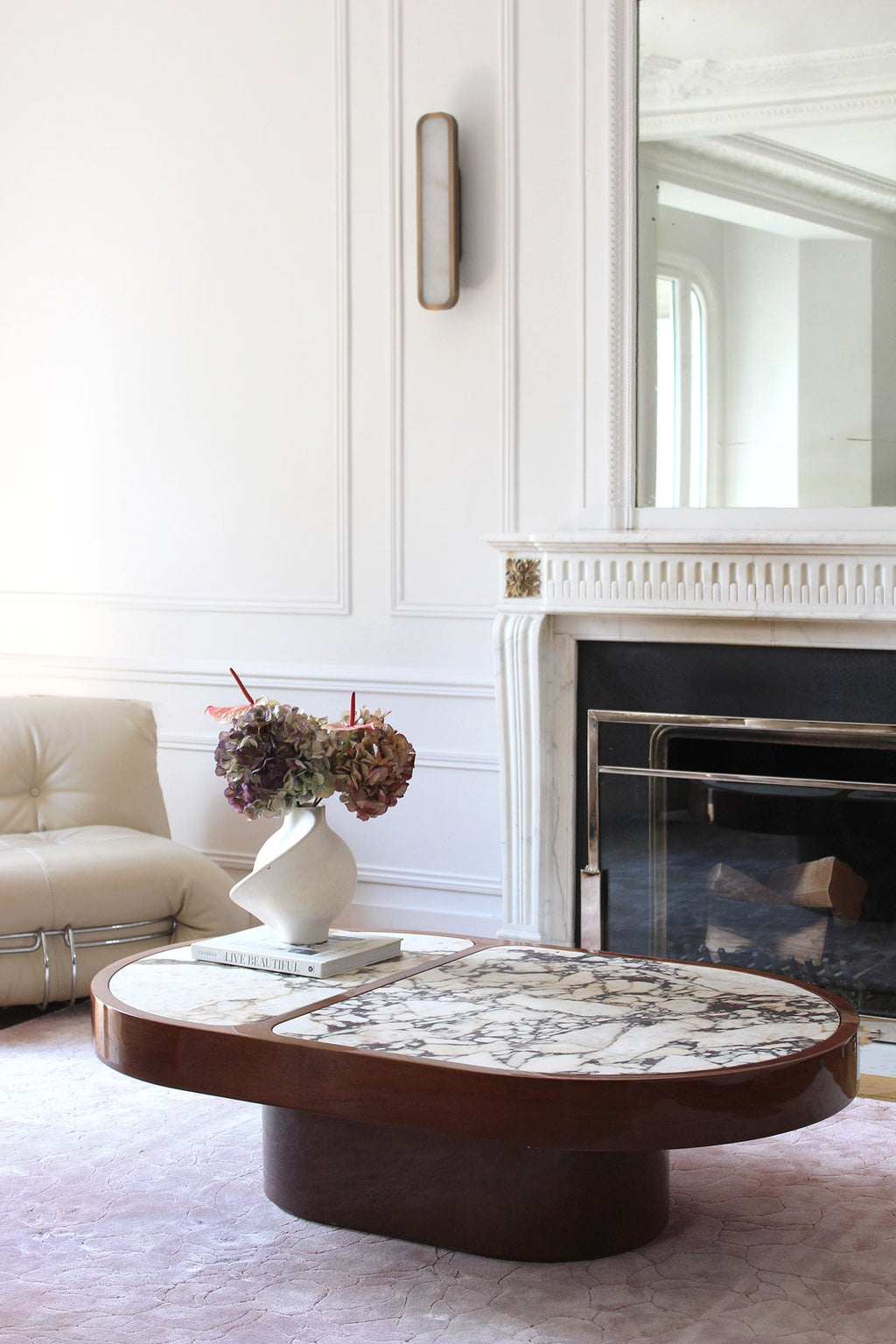 Wood and Calacatta Viola marble coffee table showcasing purple-veined stone - Italian luxury furniture