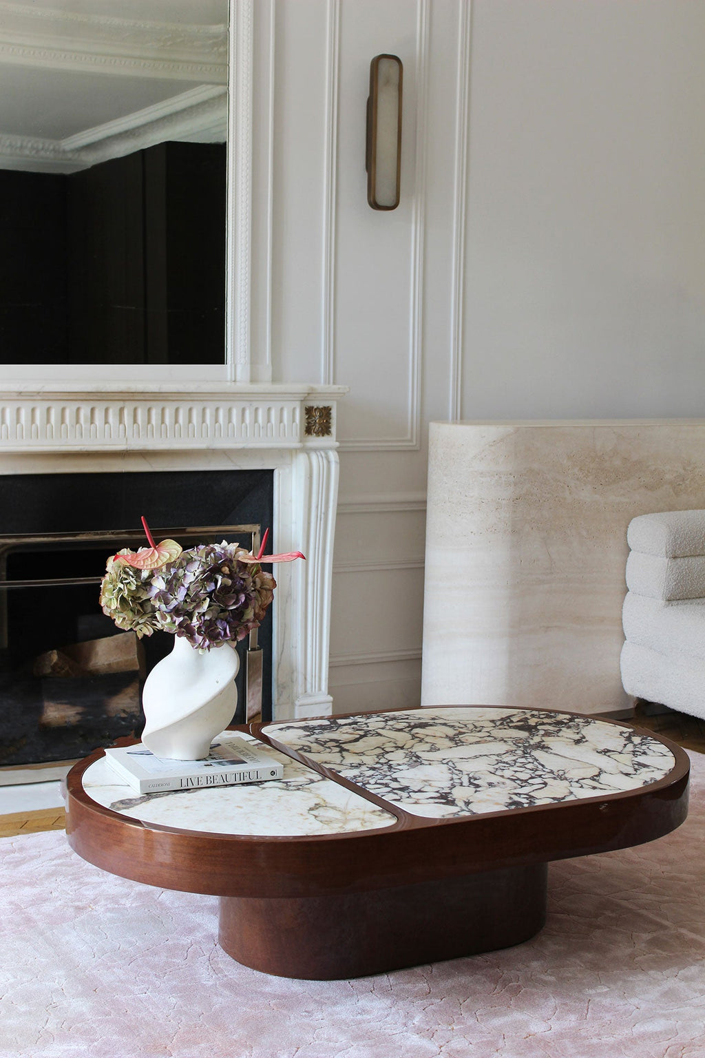 Side angle showcasing wood grain texture and Calacatta Viola marble contrast - Italian furniture design