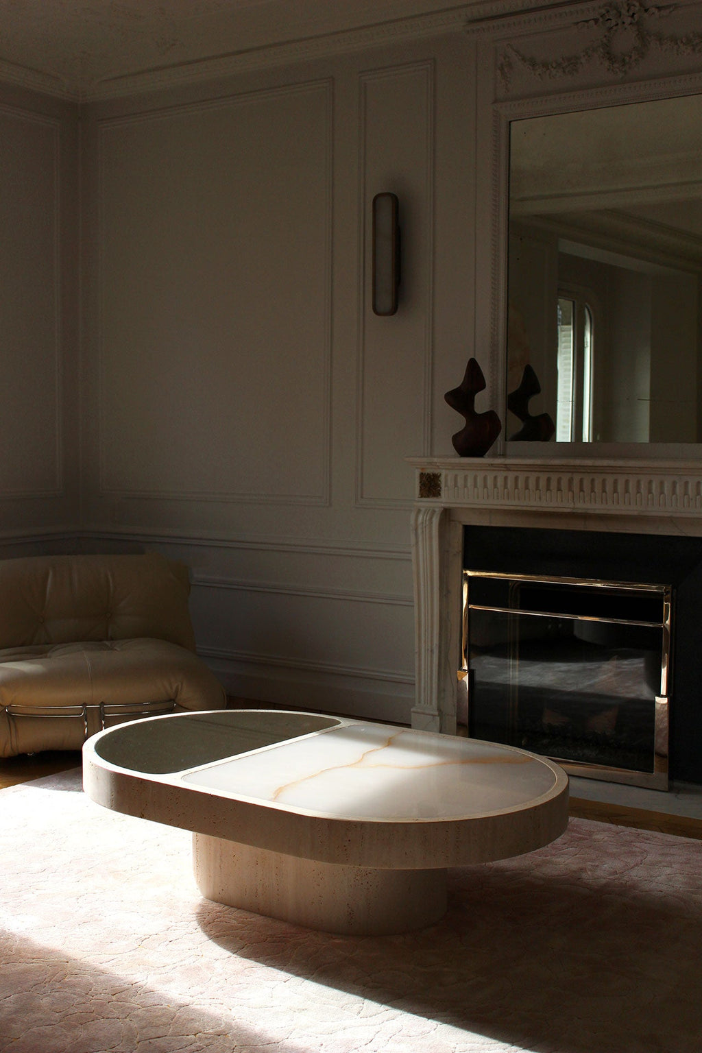 Backlit shell onyx marble table showcasing stone's translucent properties - premium Italian furniture
