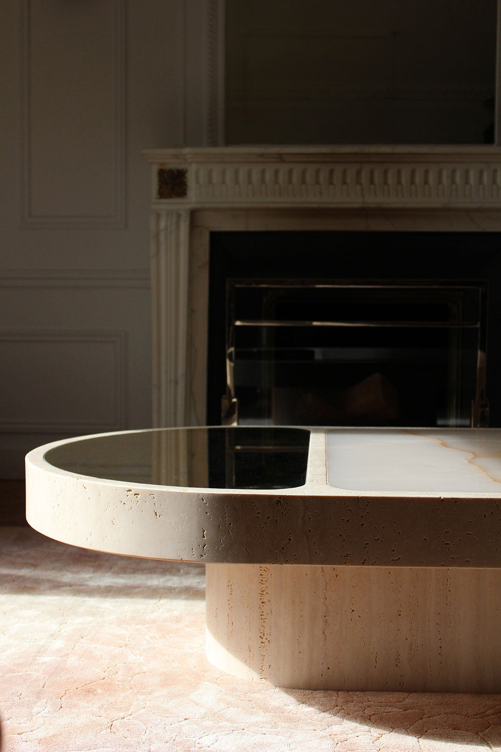 Shell onyx marble coffee table illuminated to show natural stone translucency - luxury Italian design