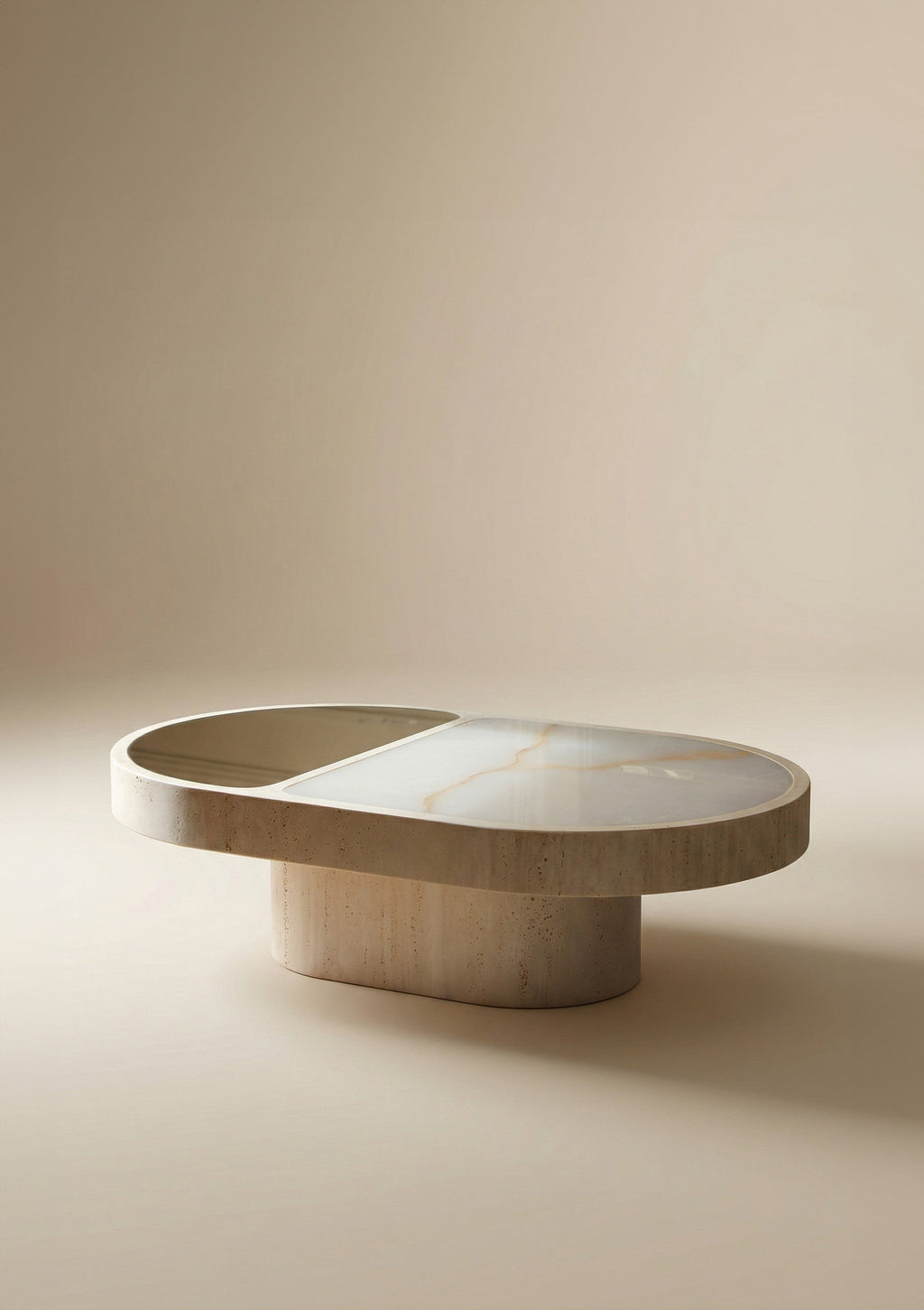 Three-quarter view of travertine and shell onyx Cohesion table - modern Italian marble furniture design