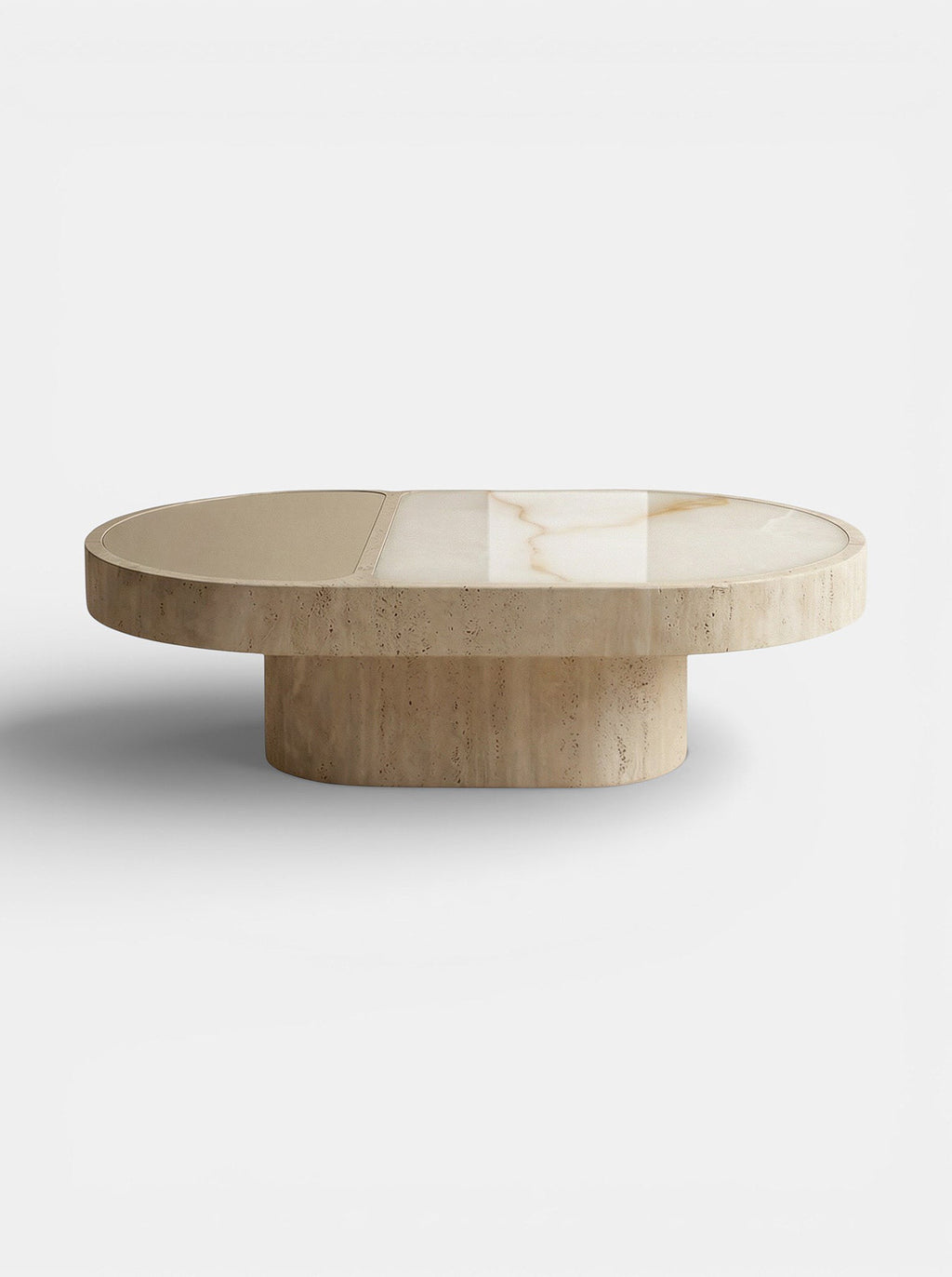 Modern Italian coffee table combining travertine base with shell onyx top - luxury MARBERA Cohesion design