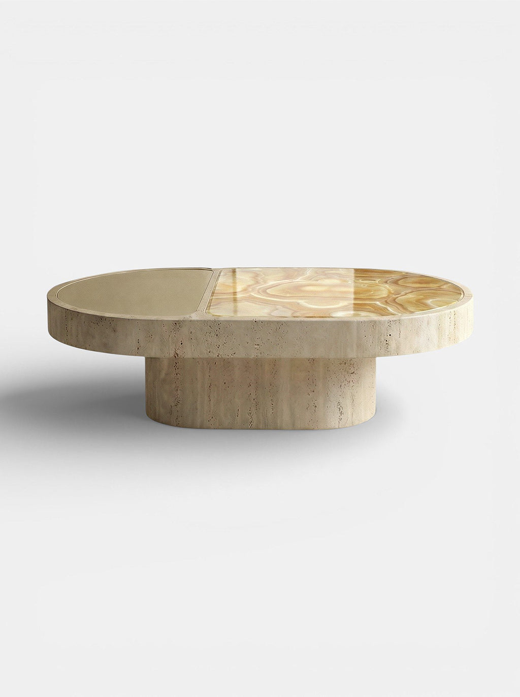 Contemporary Italian coffee table with travertine base and sixties onyx top - MARBERA Cohesion collection