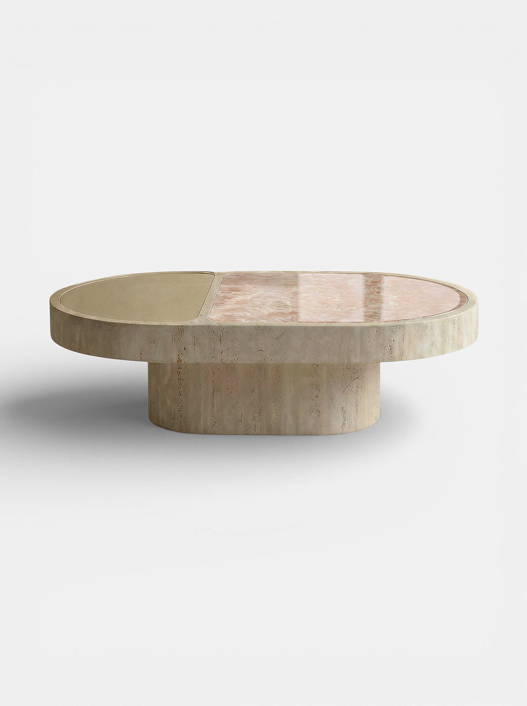 Elegant Italian coffee table featuring travertine base with sunset onyx marble top - MARBERA Cohesion