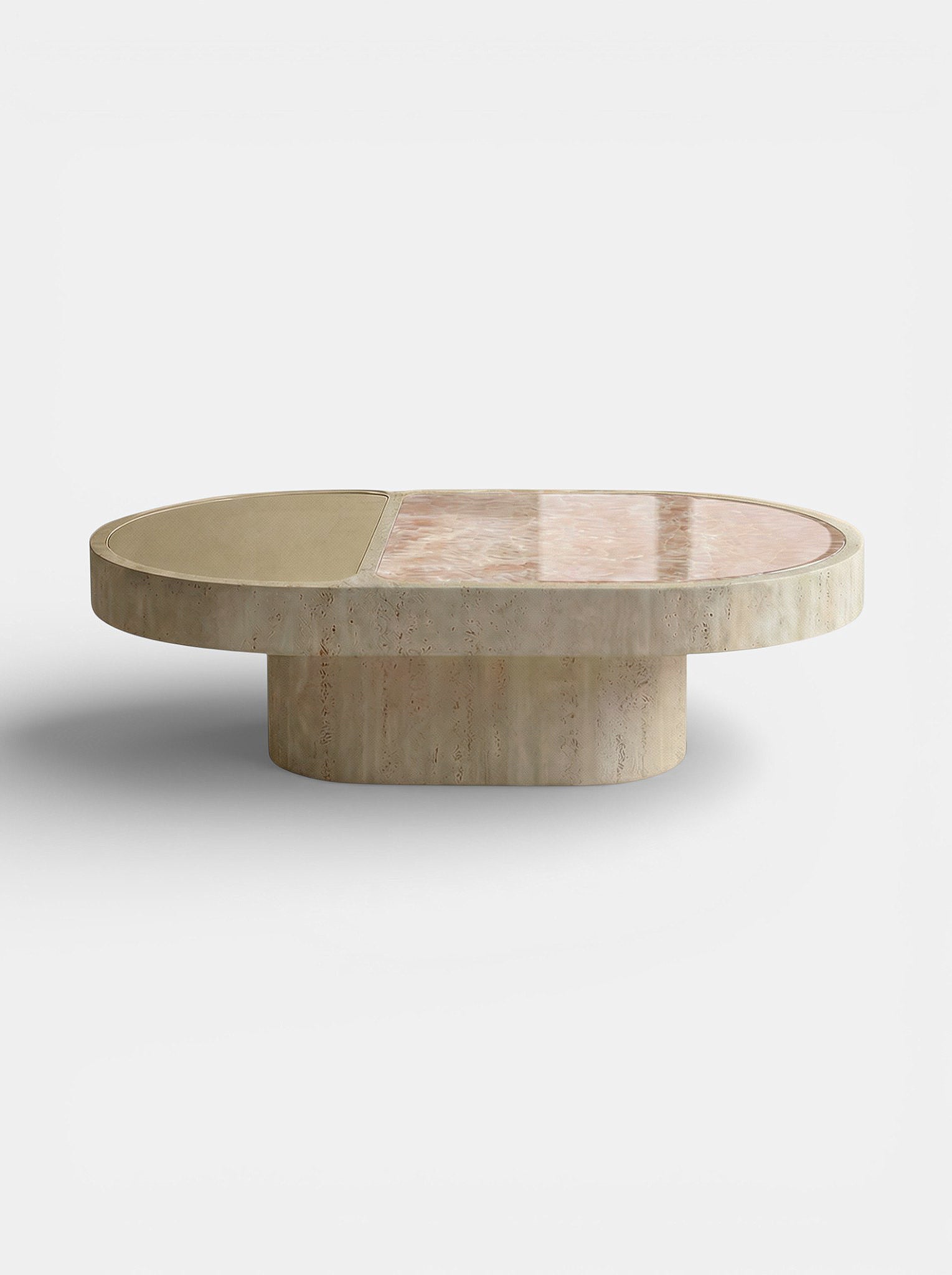 Elegant Italian coffee table featuring travertine base with sunset onyx marble top - MARBERA Cohesion