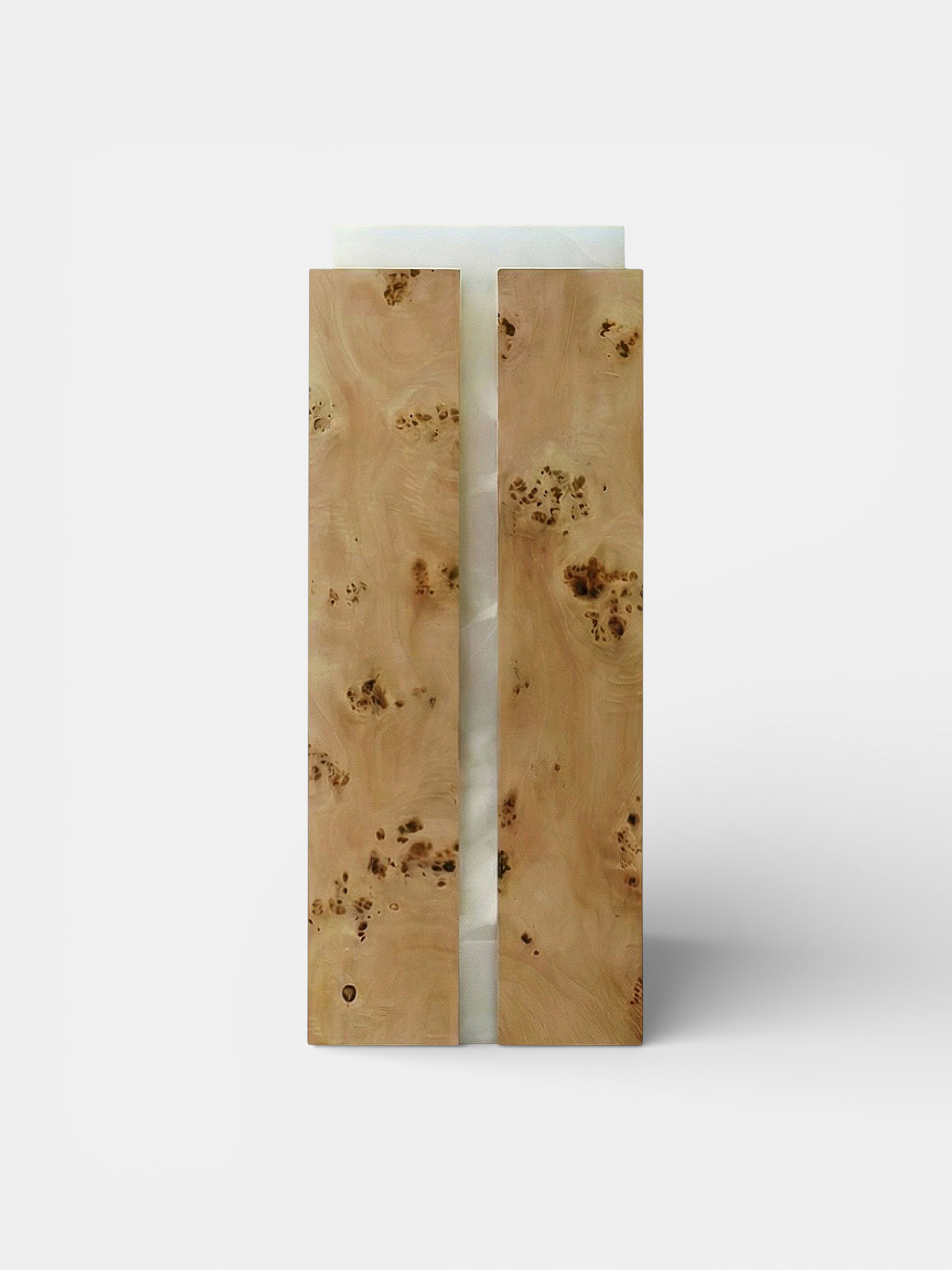Luxury Como plinth featuring burl wood patterns with white onyx marble accents - MARBERA Italian design