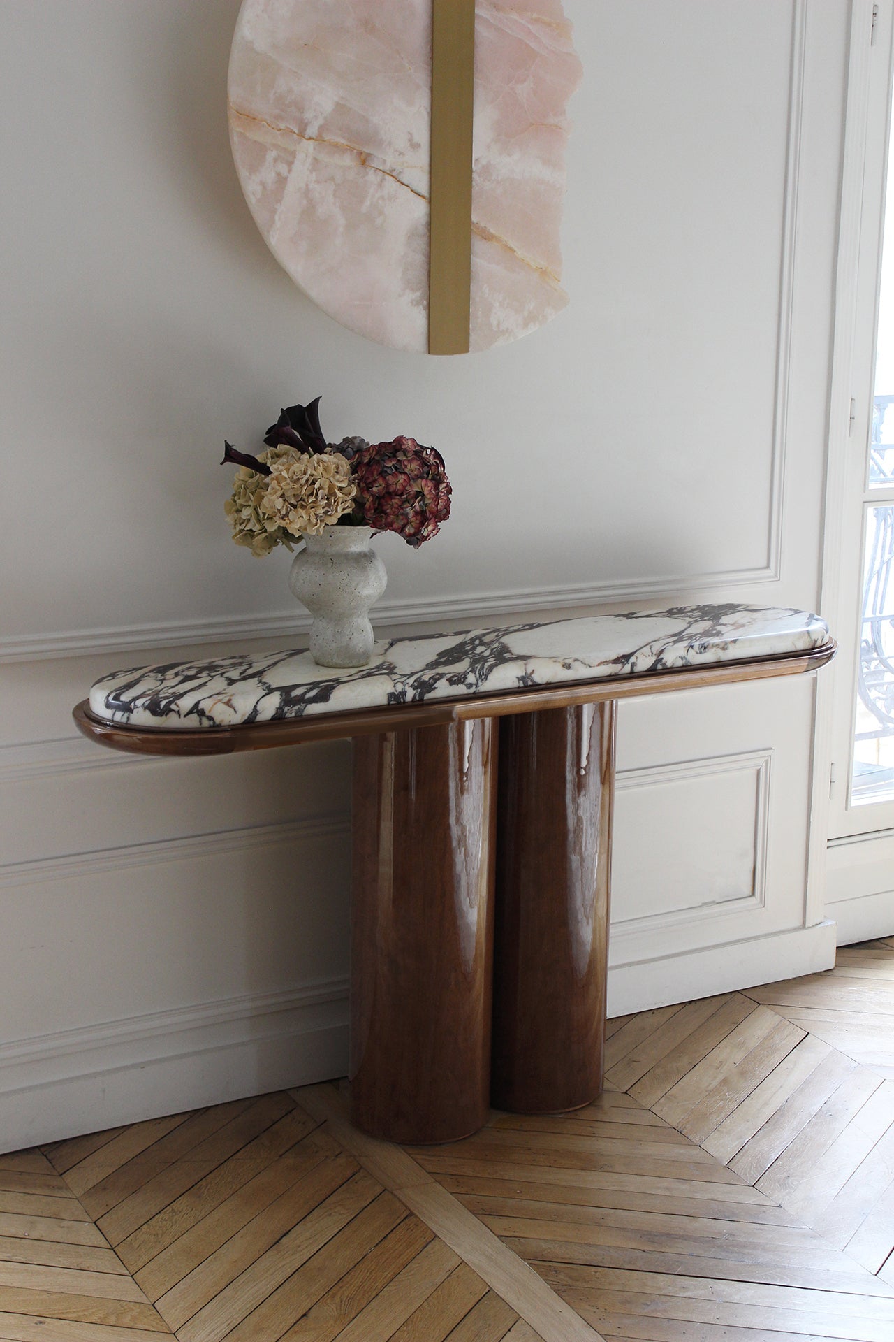 Luxury wood Calacatta Viola Ida console - Italian marble furniture with striking purple veined stone