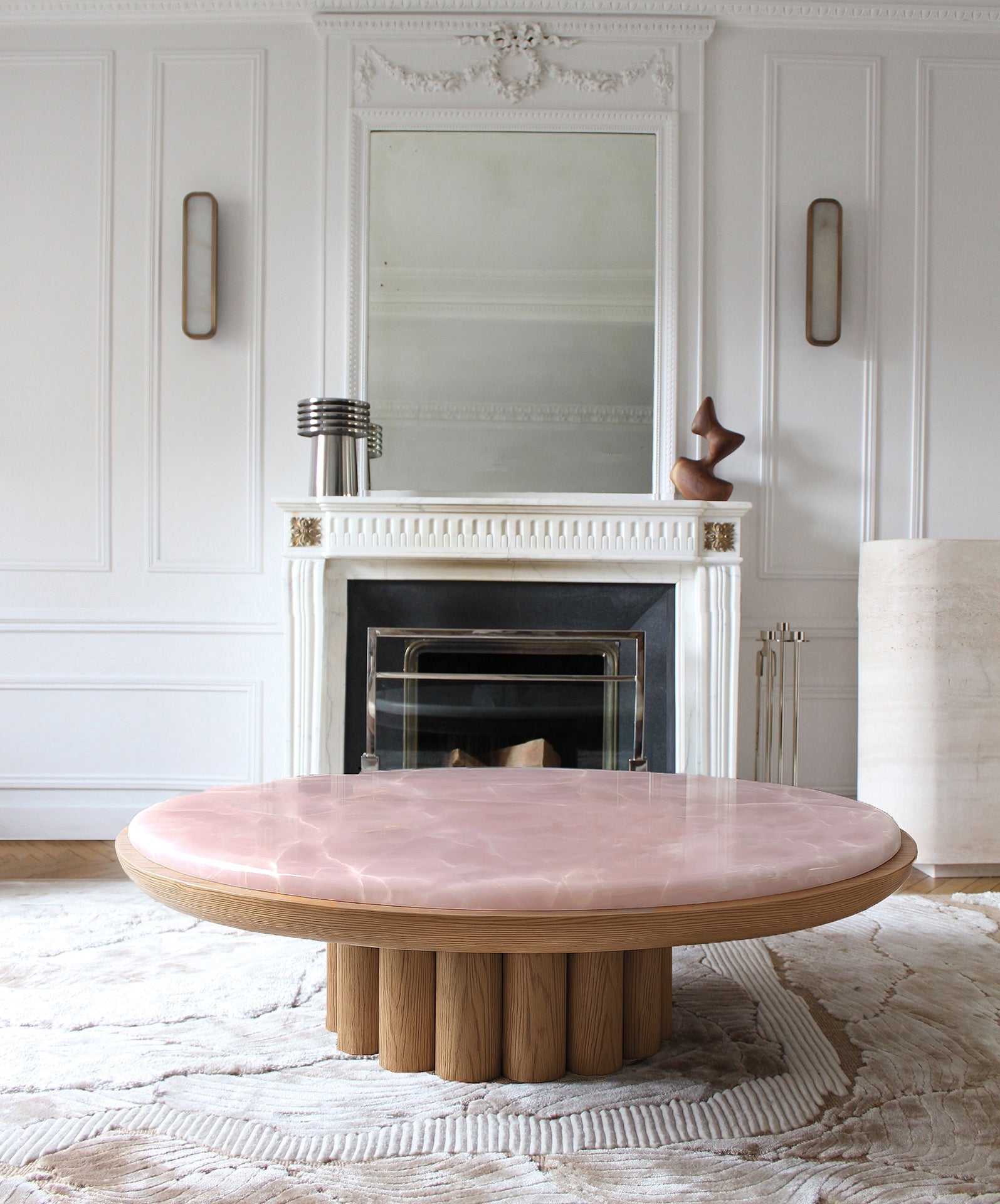 Handcrafted oak coffee table with rare pink onyx marble - premium Italian luxury furniture piece