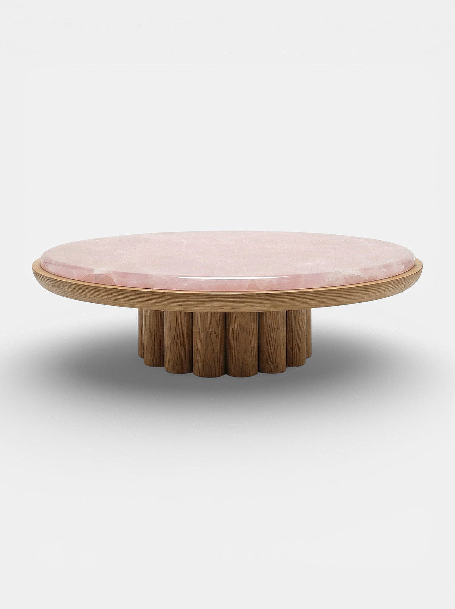 Stunning oak and pink onyx coffee table front view - luxury Italian marble furniture MARBERA