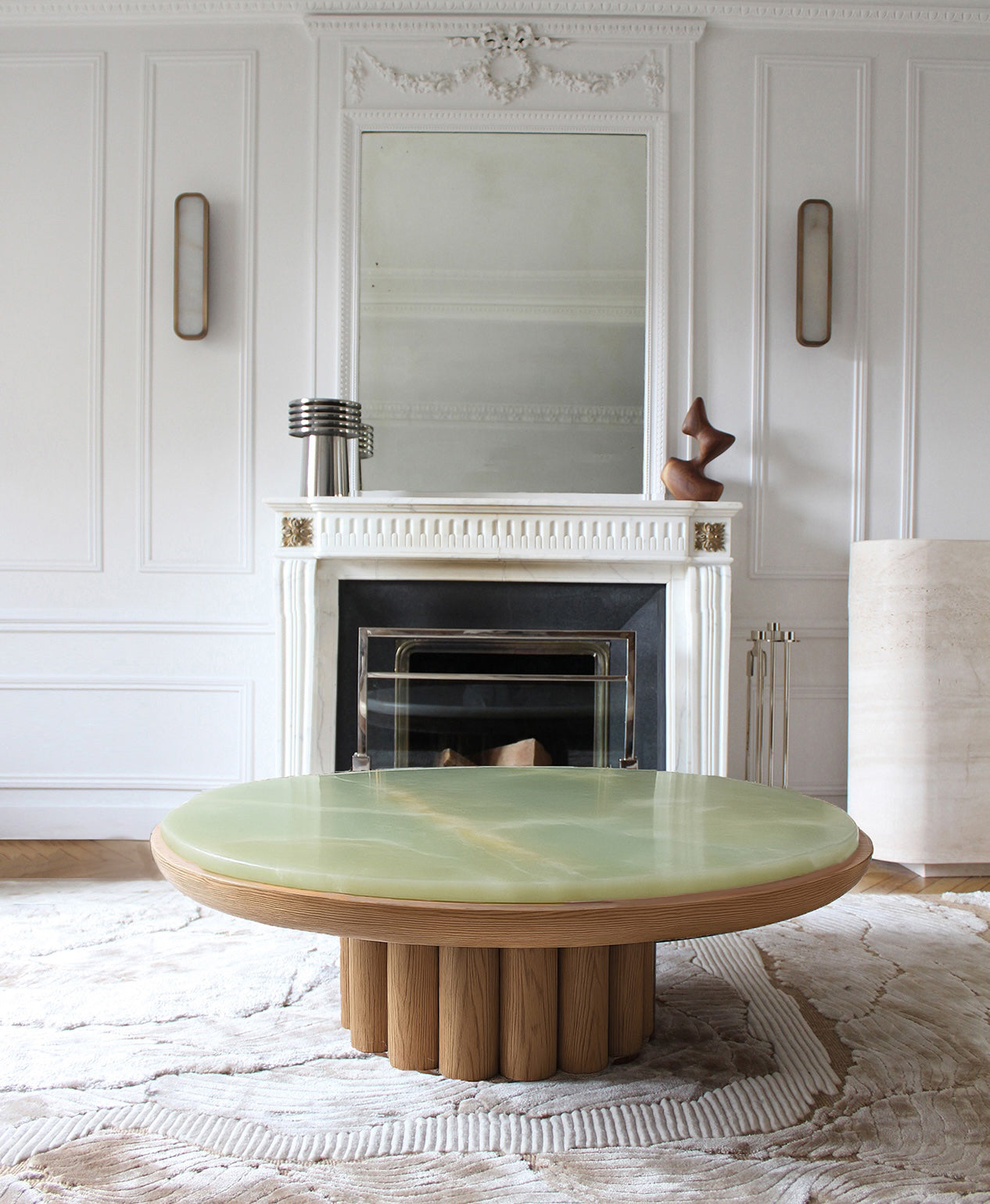 Handcrafted oak coffee table featuring vibrant green onyx marble top - Italian luxury furniture