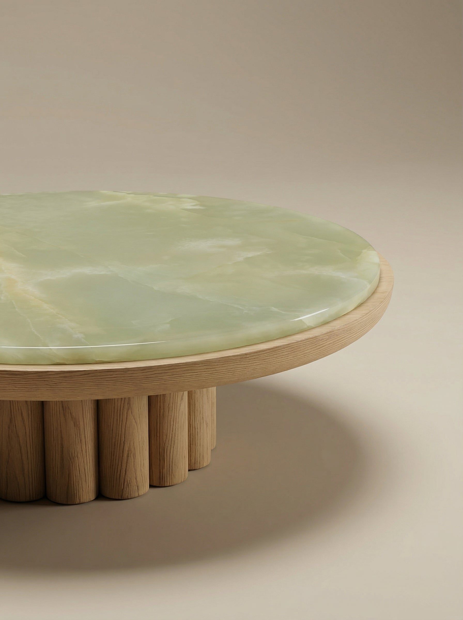 Modern oak and green onyx coffee table right side view - MARBERA premium marble furniture design