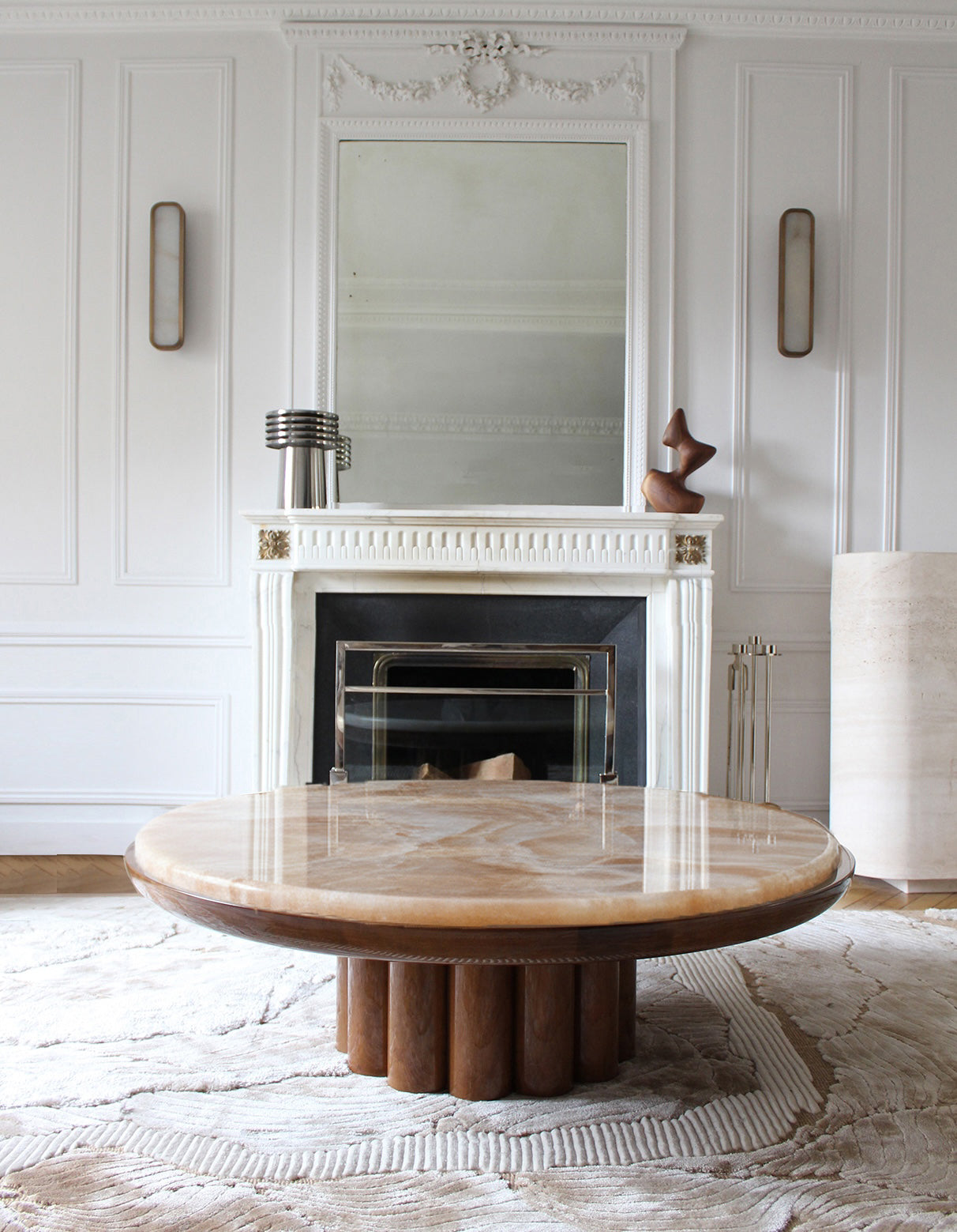 Elegant wood coffee table featuring golden honey onyx marble top - MARBERA Italian craftsmanship