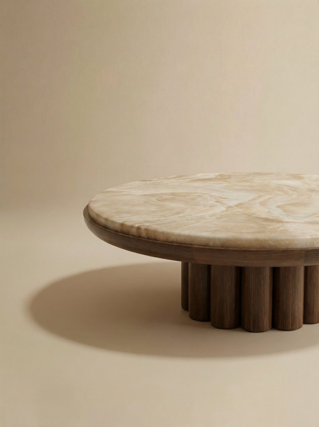 Luxury honey onyx and wood coffee table detailed right view - premium Italian marble furniture