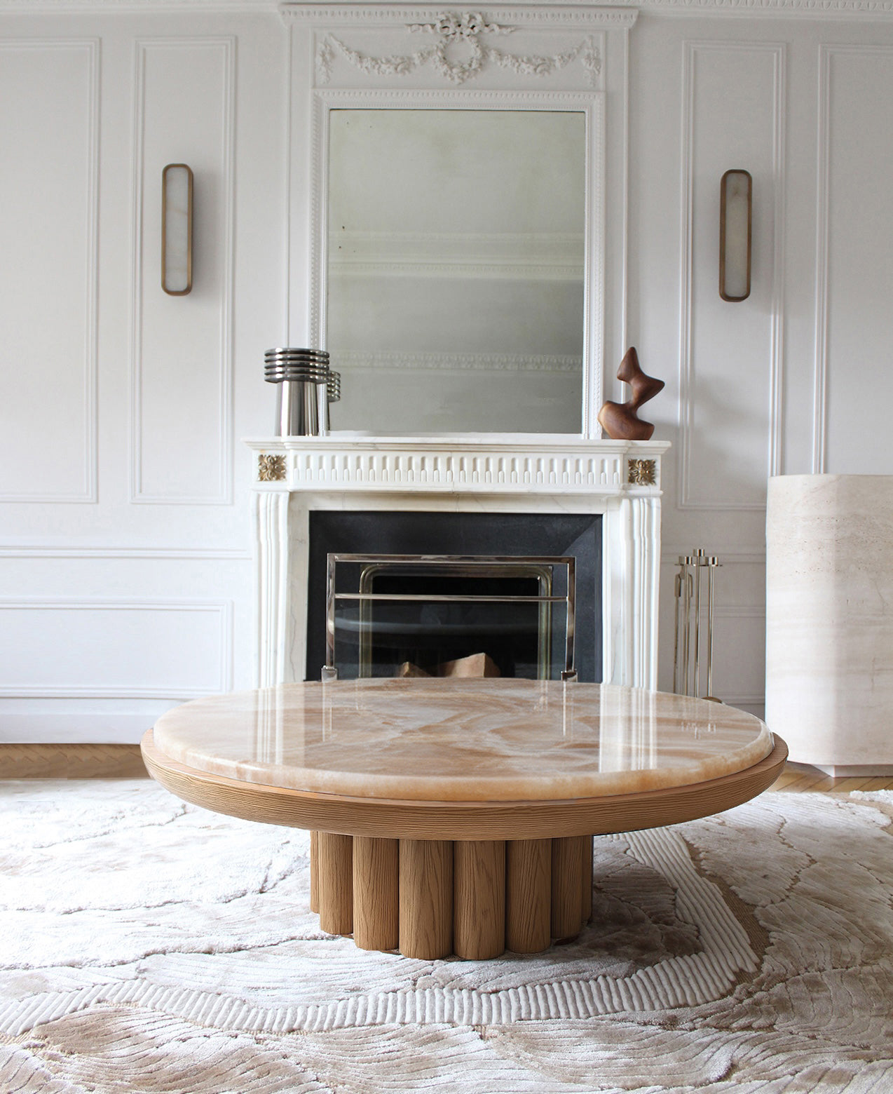 Premium oak coffee table with golden honey onyx marble top - MARBERA contemporary Italian design