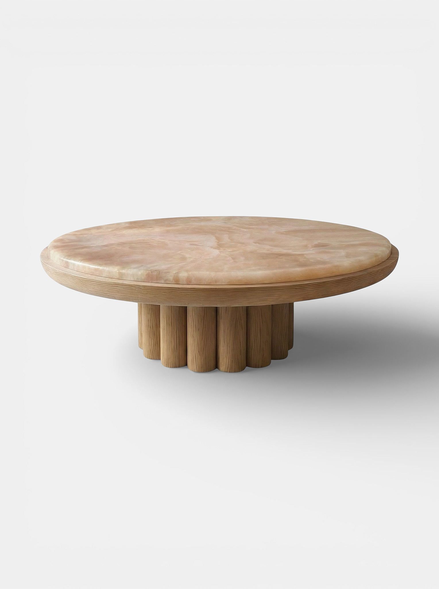 Elegant oak and honey onyx coffee table left angle view - Italian crafted luxury marble furniture