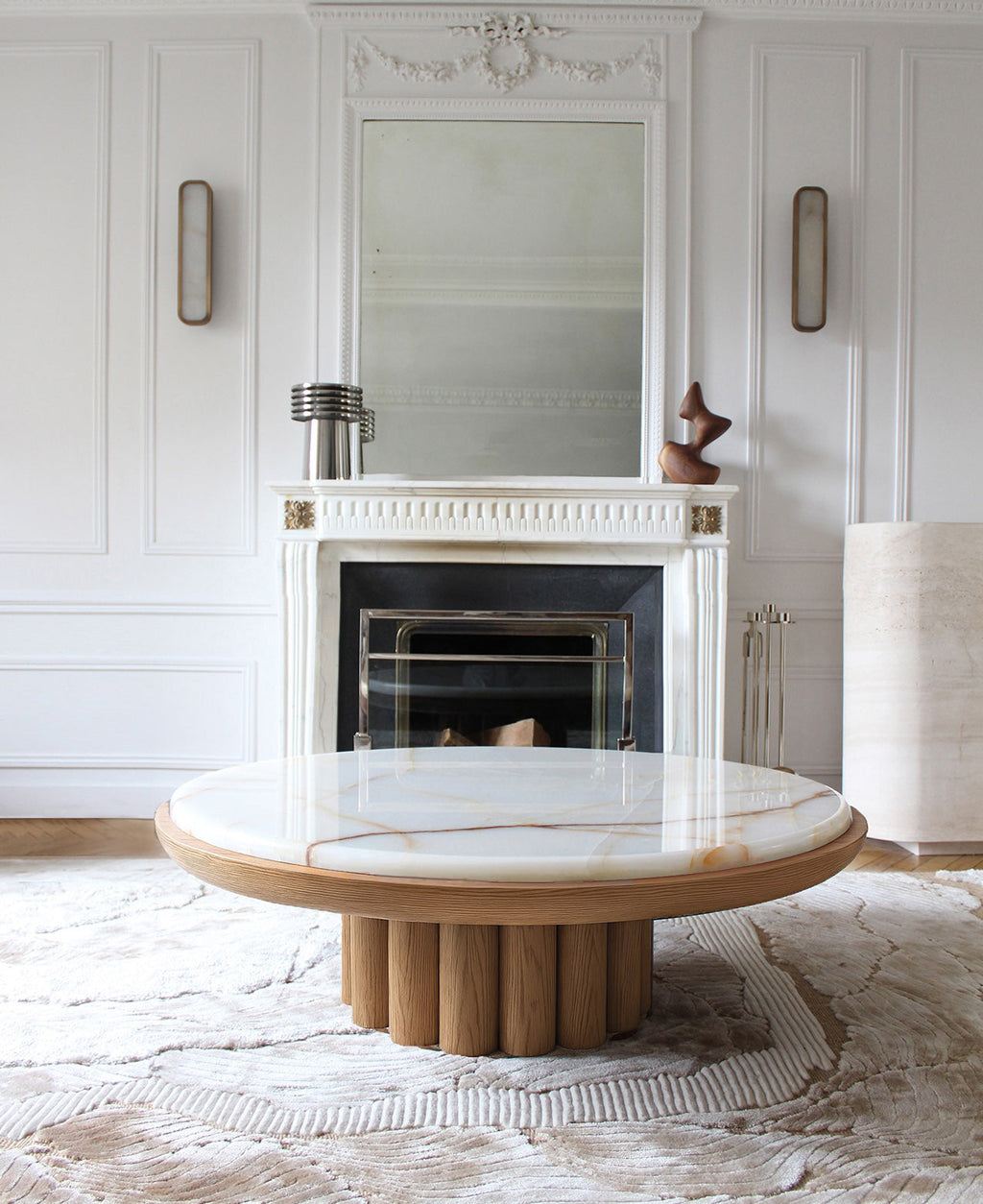 Premium shell onyx and oak coffee table showcasing natural stone veining - MARBERA design