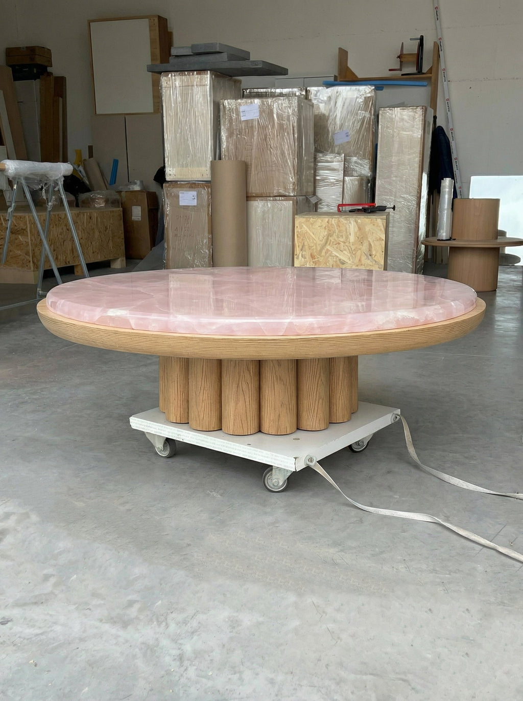 Modern oak and pink onyx coffee table detail shot - MARBERA Italian marble furniture craftsmanship