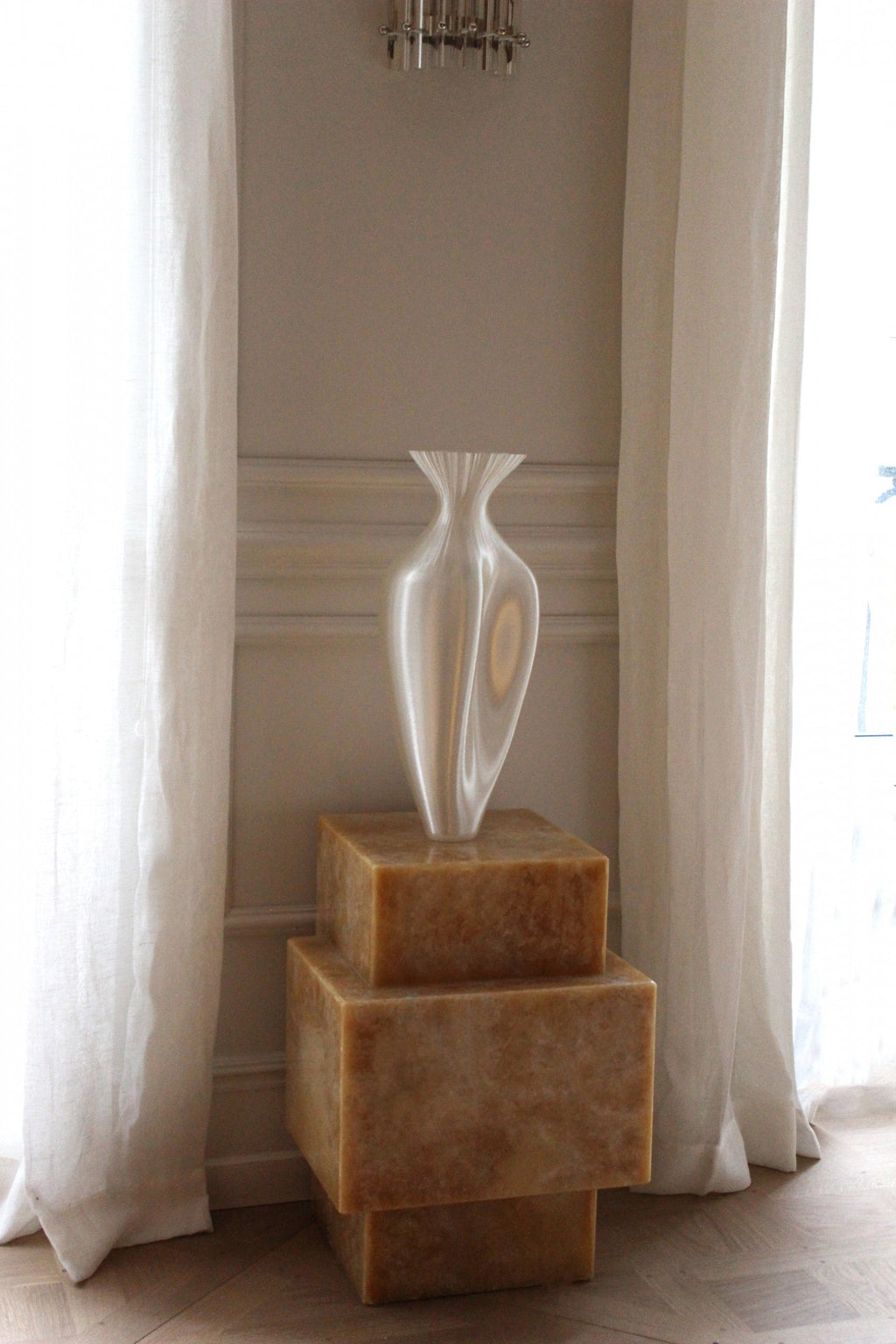 Honey onyx marble table exhibition display, Italian crafted luxury dining furniture golden tones
