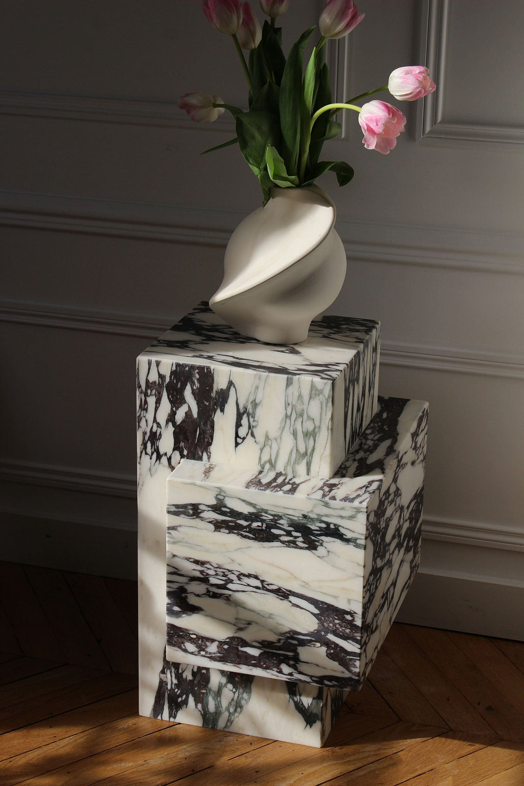 Luxury Calacatta Viola marble table in elegant interior - MARBERA Italian crafted stone furniture