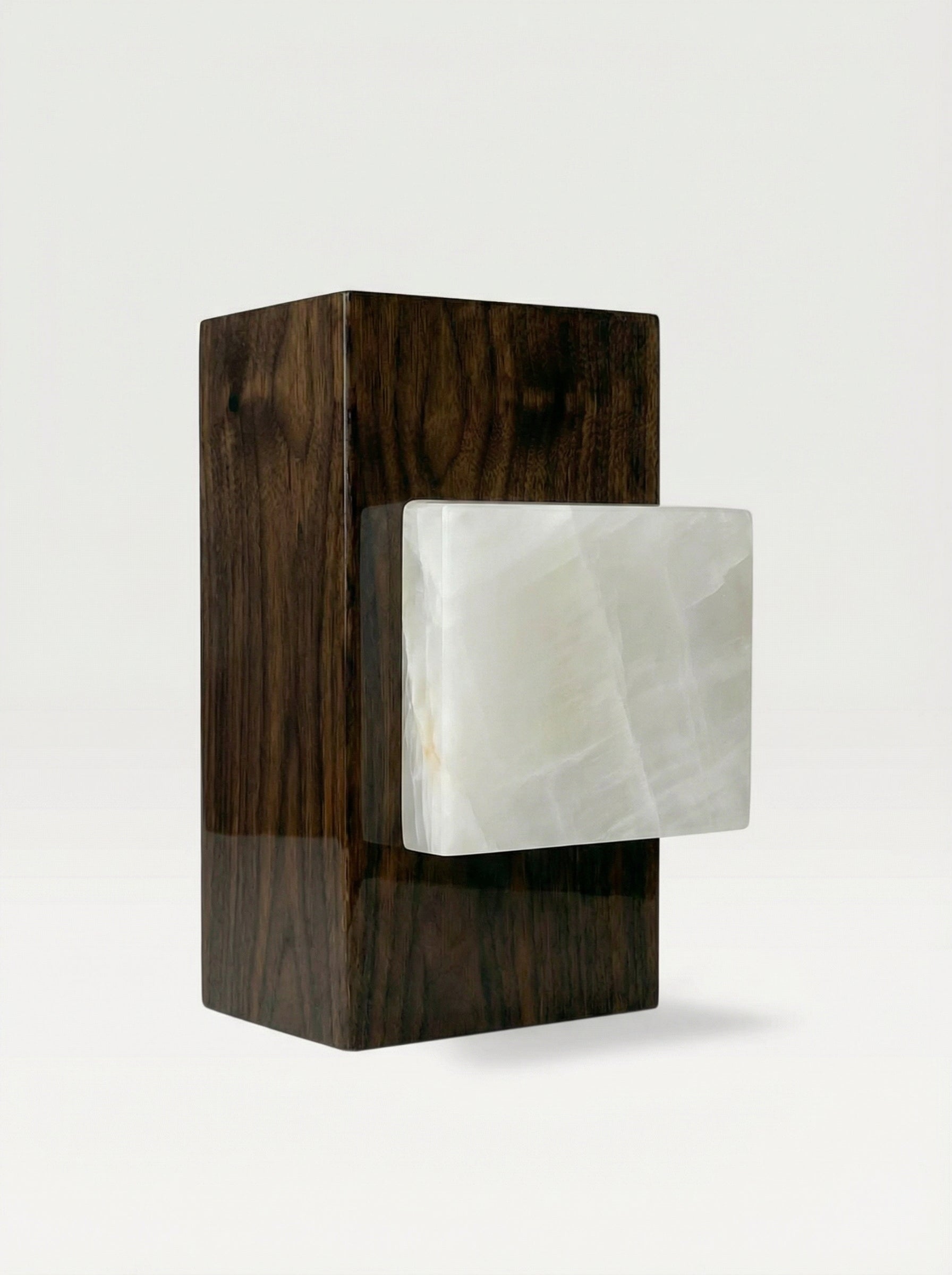 Wood white onyx table alternate view showing material contrast, Italian luxury mixed-media furniture