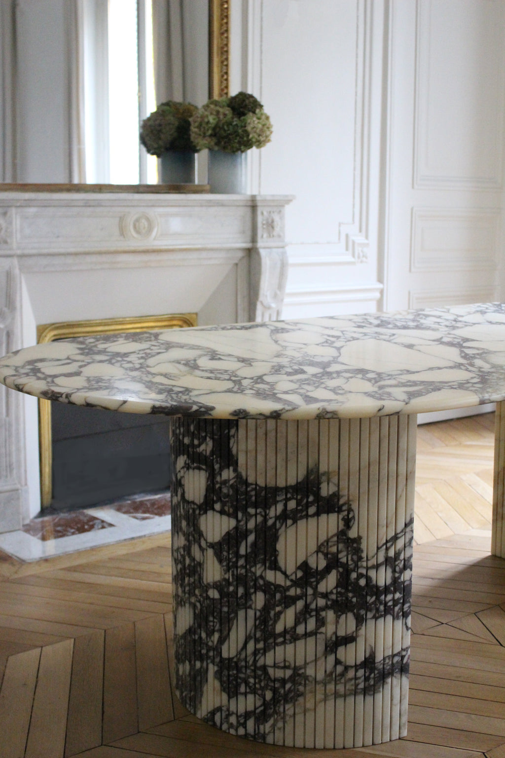 Luna Calacatta Viola marble dining table alternative angle - premium Italian marble furniture design