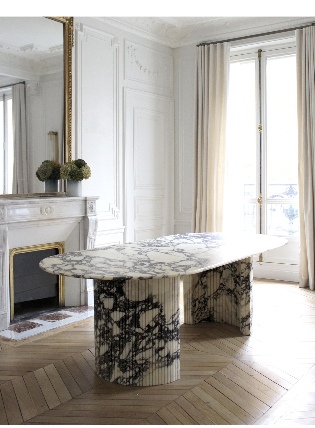 Luna Calacatta Viola marble dining table side perspective - elegant Italian marble craftsmanship