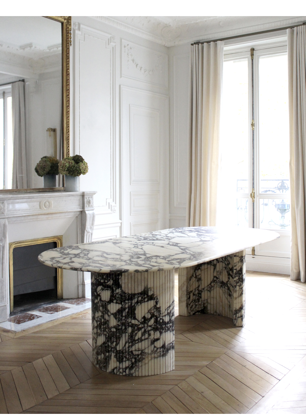 Luna Calacatta Viola marble dining table side perspective - elegant Italian marble craftsmanship