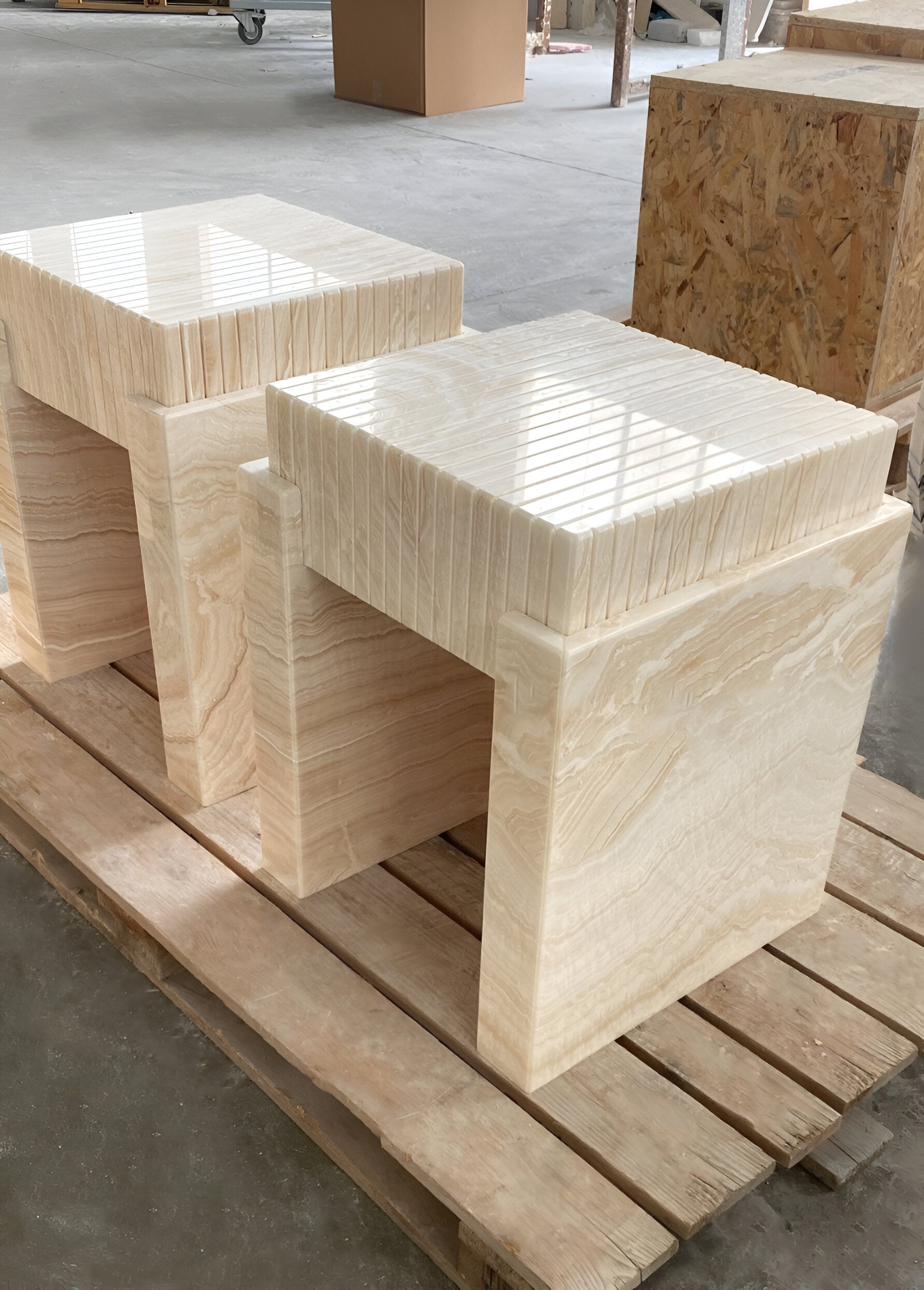 Gina ivory onyx stool Italian factory production showcasing luxury marble furniture craftsmanship